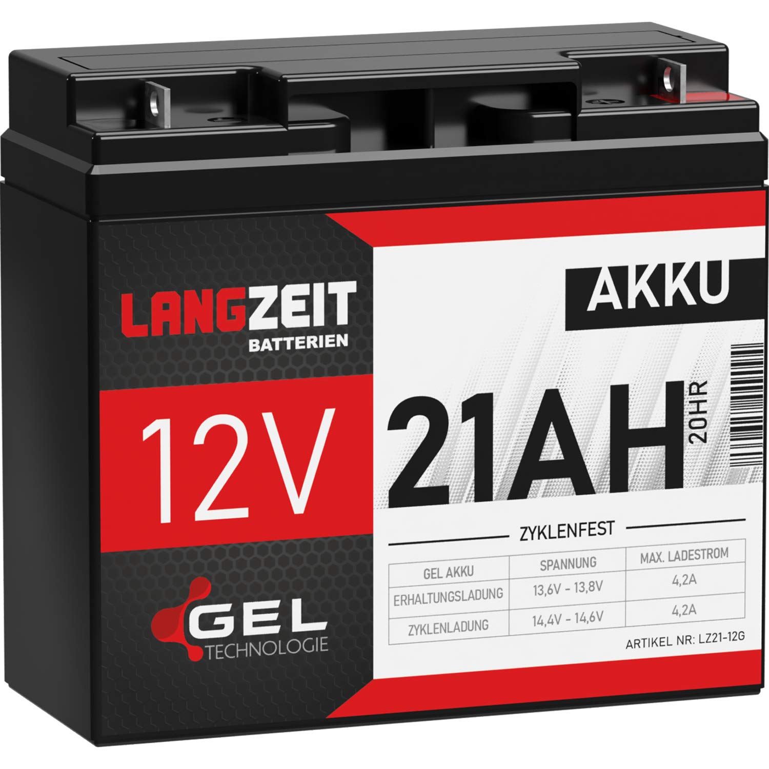 LANGZEIT Akku 12V 21Ah Gel Blei-Akku ersetzt 18Ah 19Ah 20Ah Profi USV Batterie extrem zyklenfest vorgeladen auslaufsicher LC-RD1217P LC-X1220P von LANGZEIT Batterien