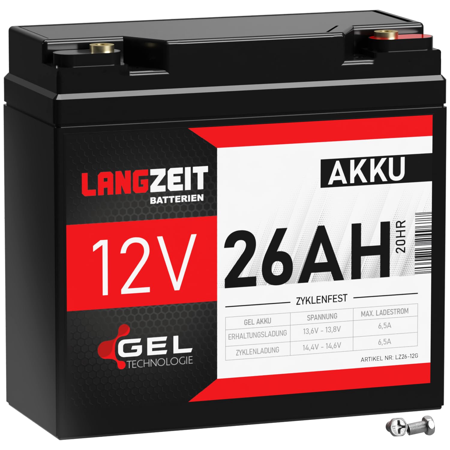 LANGZEIT Akku 12V 26Ah Gel Blei-Akku ersetzt 18Ah 19Ah 20Ah 21Ah 22Ah 24Ah 25Ah Profi USV Batterie zyklenfest auslaufsicher LC-X1220P LC-XC1222P von LANGZEIT Batterien