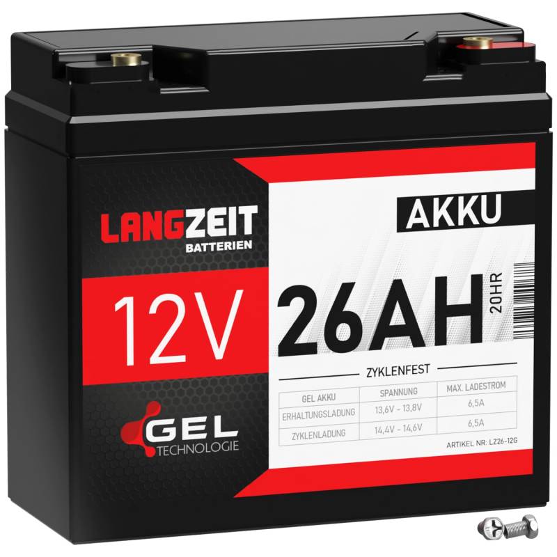 LANGZEIT Akku 12V 26Ah Gel Blei-Akku ersetzt 18Ah 19Ah 20Ah 21Ah 22Ah 24Ah 25Ah Profi USV Batterie zyklenfest auslaufsicher LC-X1220P LC-XC1222P von LANGZEIT Batterien