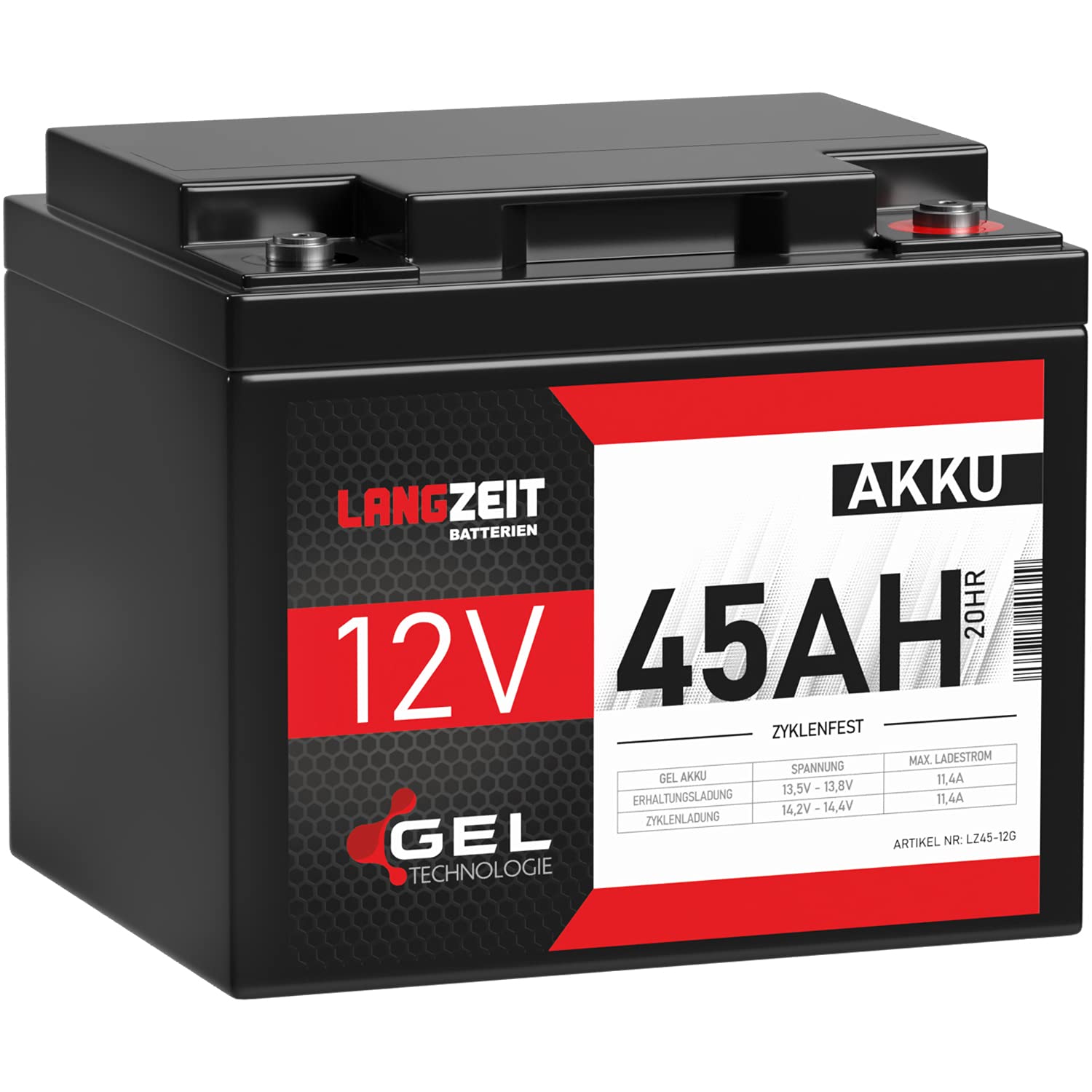 LANGZEIT Akku 12V 45Ah Gel Blei-Akku Profi Blei-Batterie Solar Boot Elektromobil Rollstuhl ersetzt LC-P1238APG LC-X1238APG LC-X1238APG 38Ah 40Ah von LANGZEIT Batterien