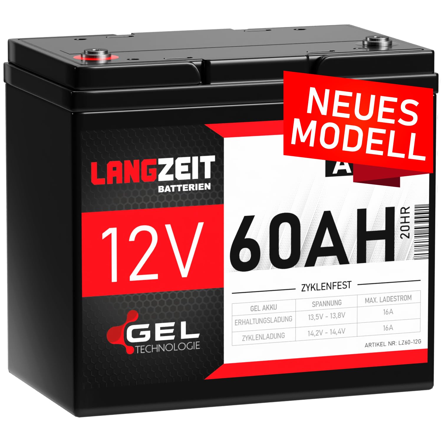 LANGZEIT Akku 12V 60Ah Gel Blei-Akku Profi Blei-Batterie Solar Boot Elektromobil Rollstuhl ersetzt 55Ah 50Ah von LANGZEIT Batterien