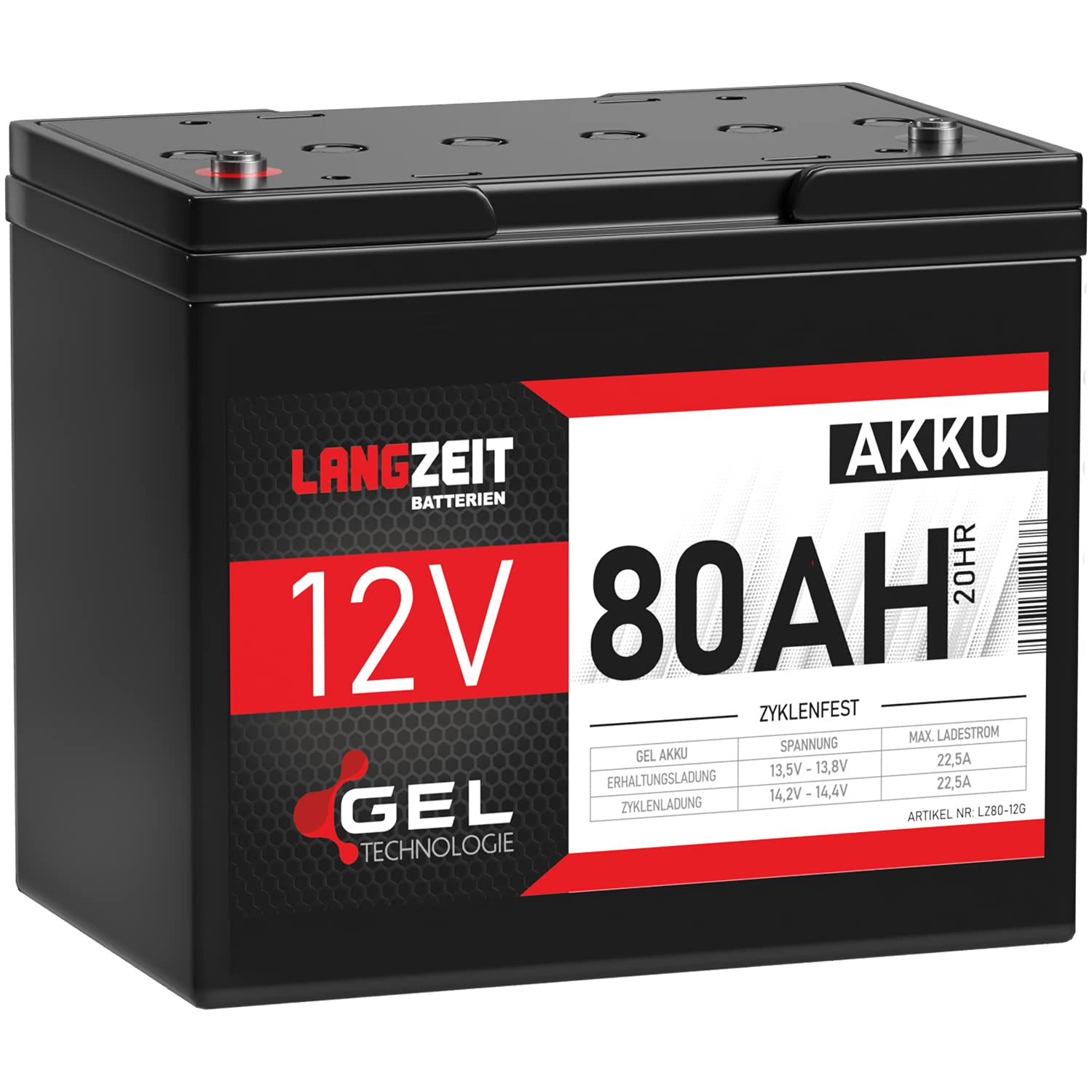 LANGZEIT Akku 12V 80Ah Gel Blei-Akku Profi Blei-Batterie Solar Boot Elektromobil Rollstuhl ersetzt 75Ah 70Ah von LANGZEIT Batterien