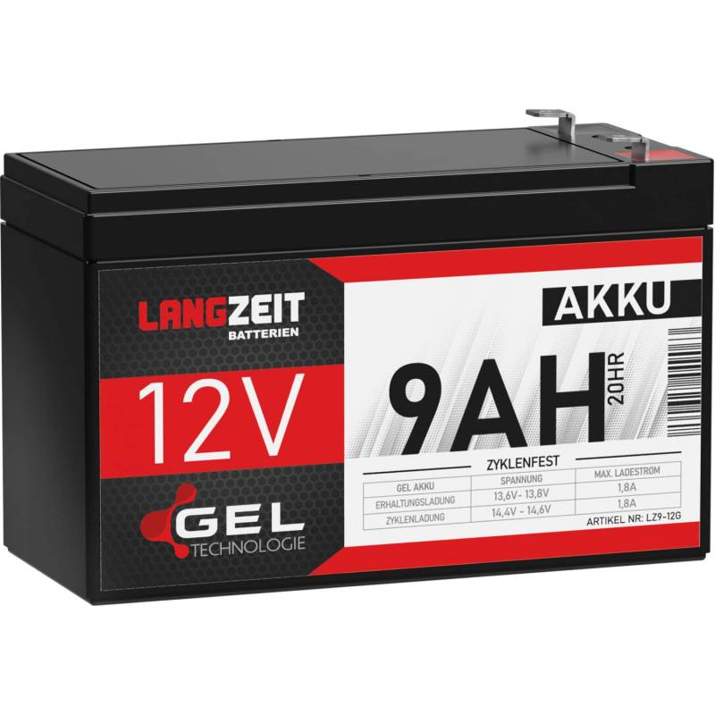 LANGZEIT Akku 12V 9Ah Gel Profi Blei-Akku extrem zyklenfest vorgeladen auslaufsicher ersetzt 7Ah 7,2Ah 7,5Ah von LANGZEIT Batterien