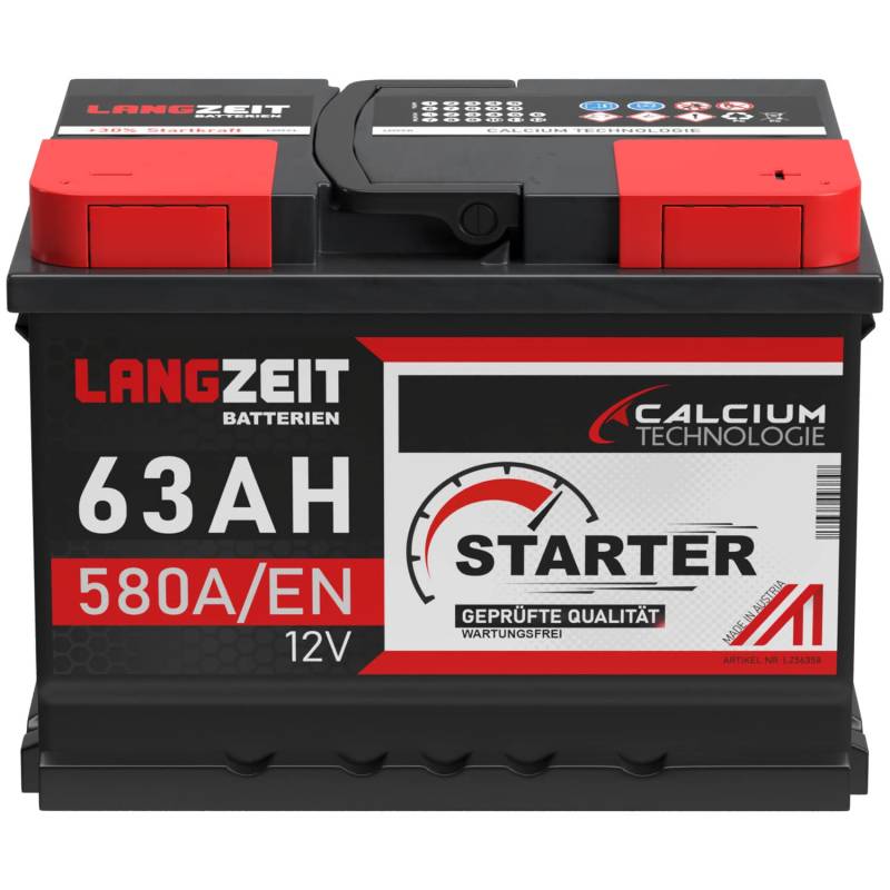 LANGZEIT Autobatterie 12V 63AH 580A/EN Starterbatterie +30% mehr Leistung ersetzt Batterie 60AH 54AH 55AH 56AH 62AH 63AH 65AH 64Ah wartungsfrei von LANGZEIT Batterien