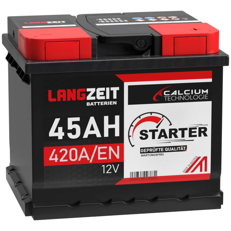 LANGZEIT Autobatterie 45AH 12V 420A/EN Starterbatterie +30% mehr Leistung ersetzt Batterie 44AH 36AH 40AH 41AH 43AH 46AH 48AH 50AH von LANGZEIT Batterien