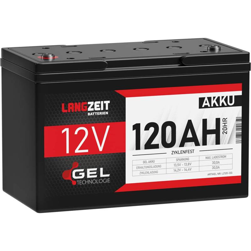 LANGZEIT Blei-Akku 12V 120Ah GEL Akku Profi Blei-Batterie Solarbatterie Wohnmobil Bootsbatterie Versorgungsbatterie ersetzt 100Ah von LANGZEIT Batterien