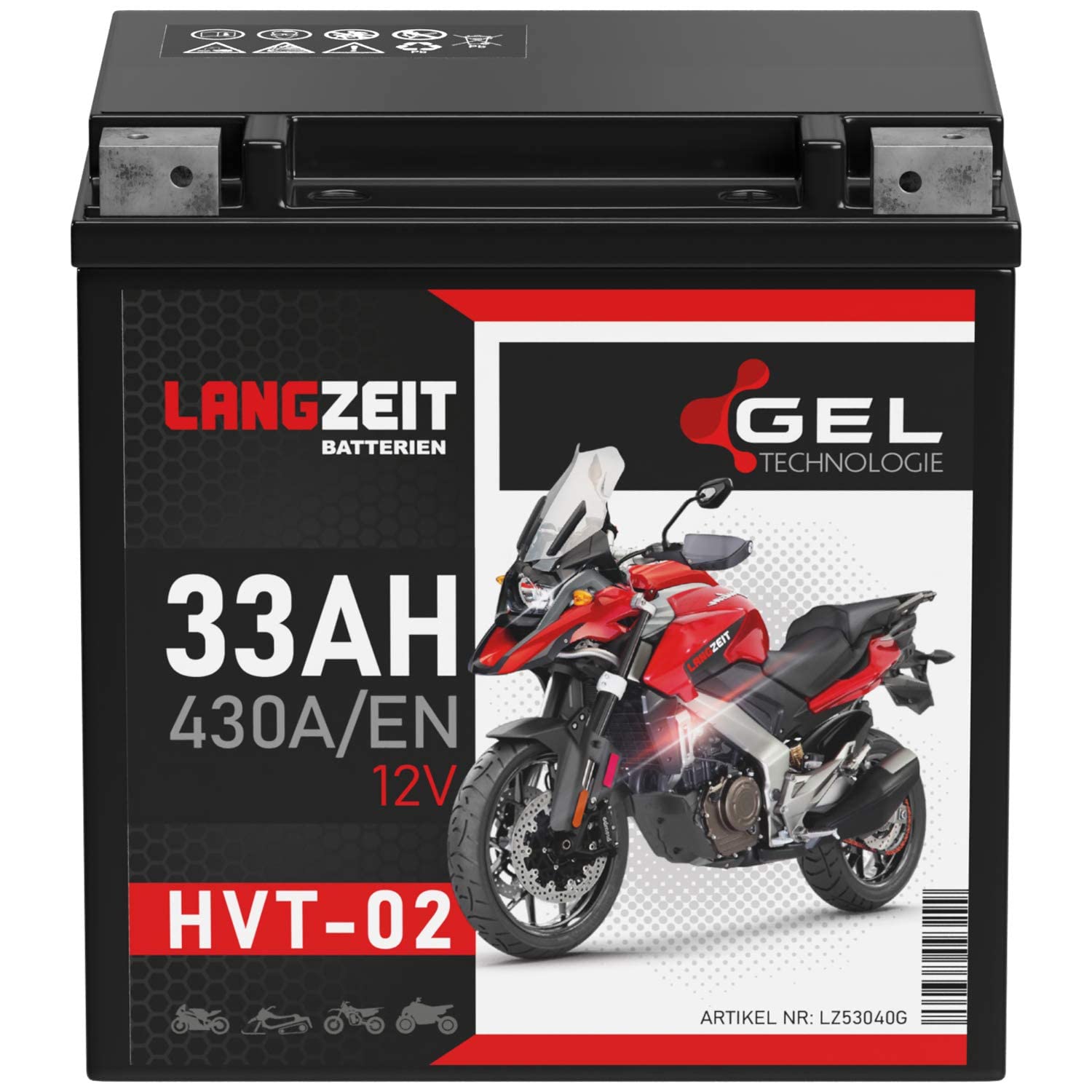 LANGZEIT HVT-02 HVT-2 Motorradbatterie GEL 12V 33Ah 430A/EN Gel Batterie 12V YB30L-B YIX30L-BS 53040 doppelte Lebensdauer vorgeladen auslaufsicher wartungsfrei ersetzt 32Ah 30Ah von LANGZEIT Batterien