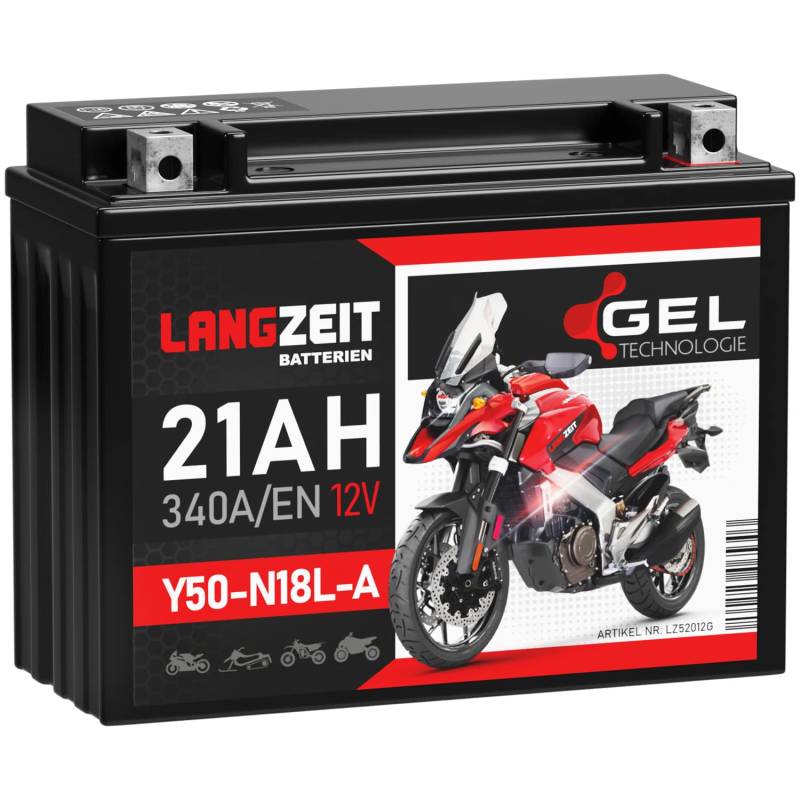 LANGZEIT Y50-N18L-A Motorradbatterie 12V 21Ah 340A/EN GEL Batterie 12V 52012 52016 C50-N18L-A Y50N18L-A2 doppelte Lebensdauer vorgeladen auslaufsicher wartungsfrei von LANGZEIT Batterien