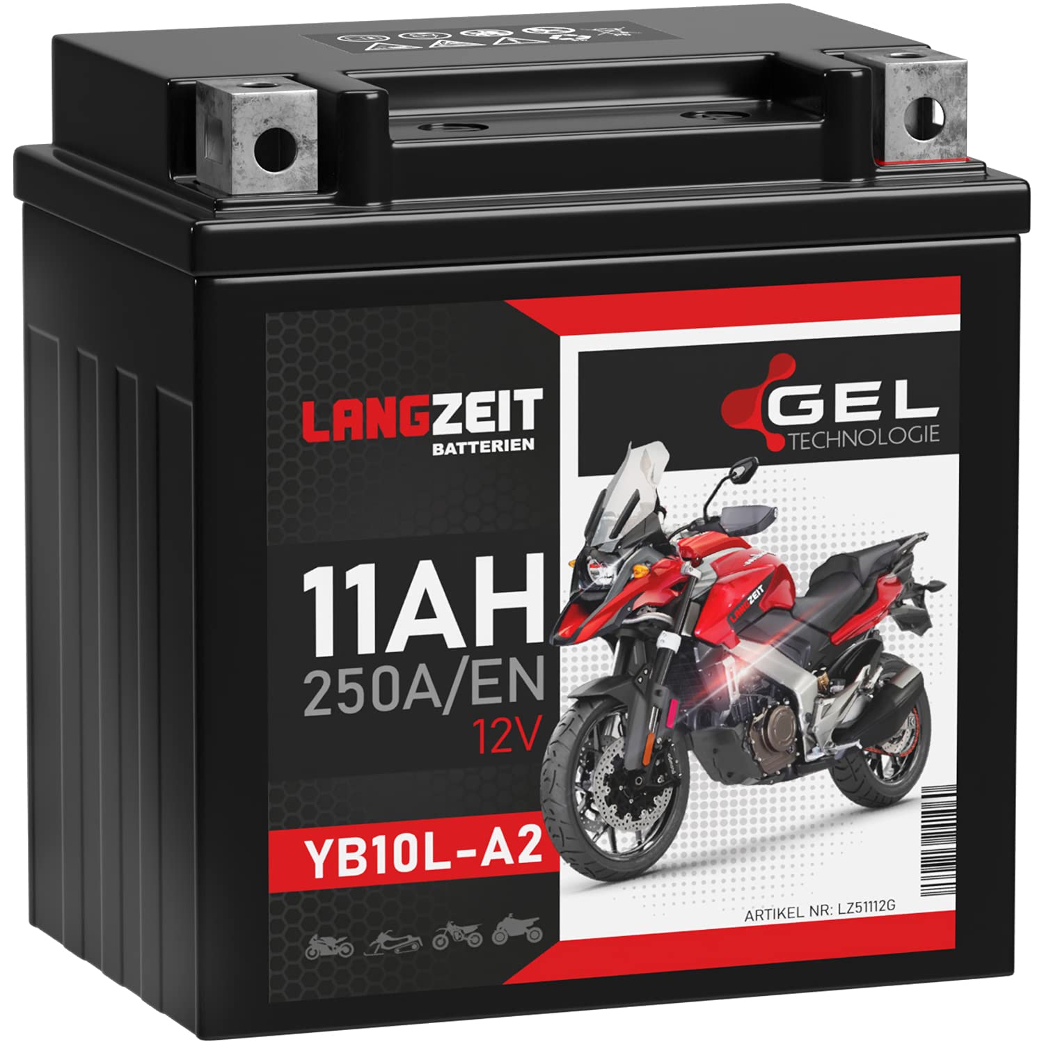 LANGZEIT YB10L-A2 Motorradbatterie GEL 12V 11Ah 250A/EN 51112 YB10L-BS YB10L-B YB10L-B2 Batterie 12V doppelte Lebensdauer wartungsfrei von LANGZEIT Batterien