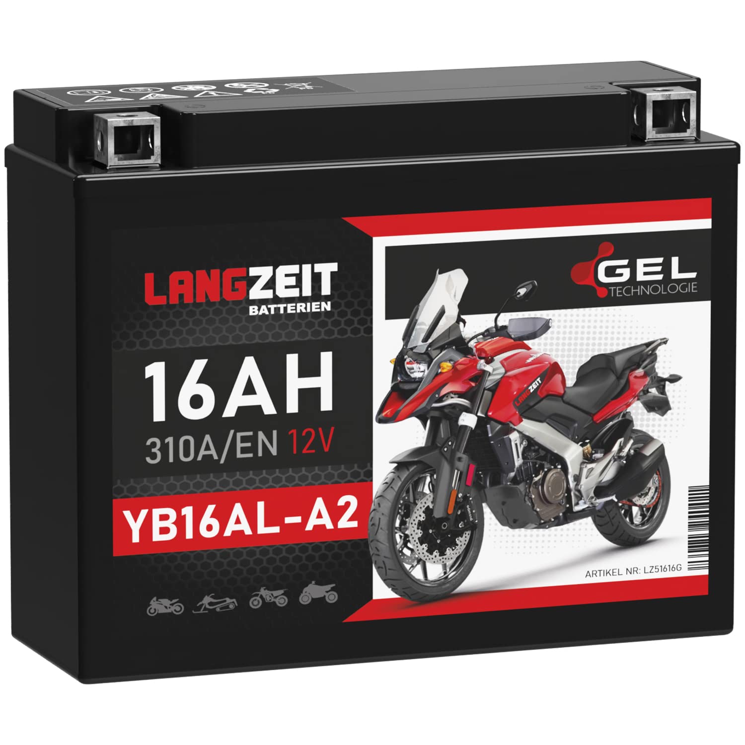 LANGZEIT YB16AL-A2 GEL Motorradbatterie 16Ah 12V 310A/EN GEL Batterie 12V entspricht 51616 GEL12-16AL-A2 Batterie doppelte Lebensdauer wartungsfrei von LANGZEIT Batterien