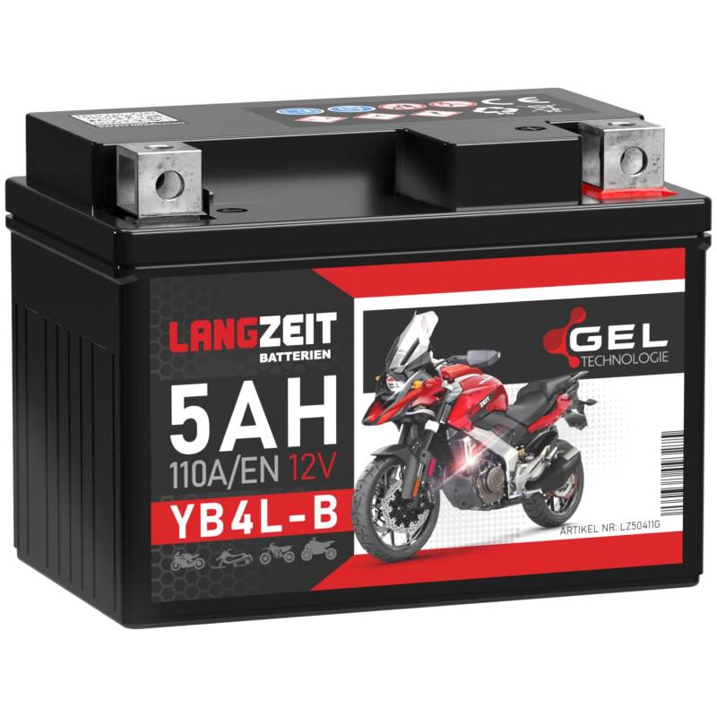 LANGZEIT YB4L-B GEL Roller Batterie 12V 5Ah 110A/EN GEL Batterie 12V Motorradbatterie doppelte Lebensdauer entspricht CB4L-B 50411 12N4-3B YB4L-A ersetzt 4Ah vorgeladen auslaufsicher wartungsfrei von LANGZEIT Batterien