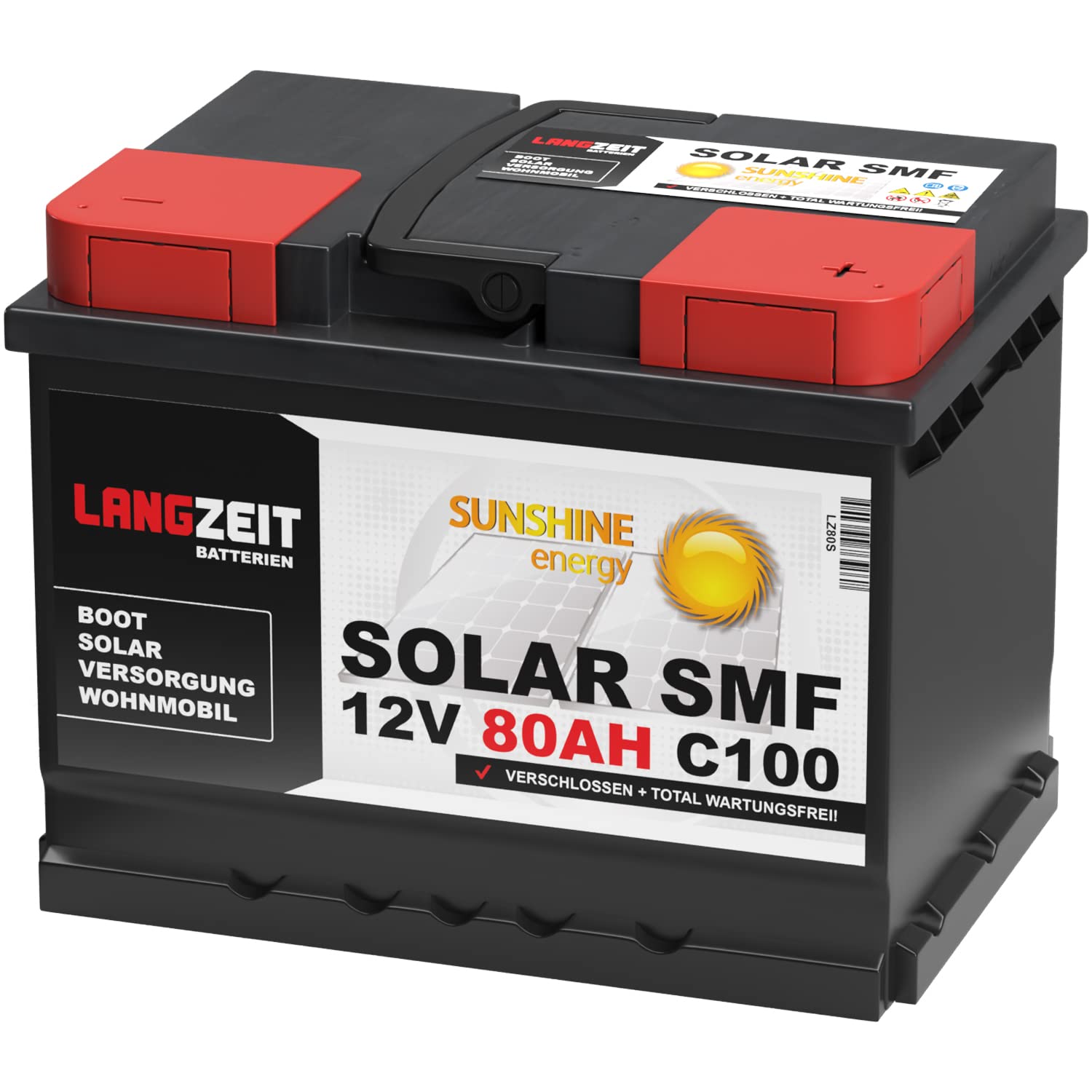 Langzeit Solar SMF Solarbatterie 80Ah 12V Versorgungsbatterie Wohnmobil Batterie Boot total wartungsfrei 70Ah 75Ah von LANGZEIT Batterien