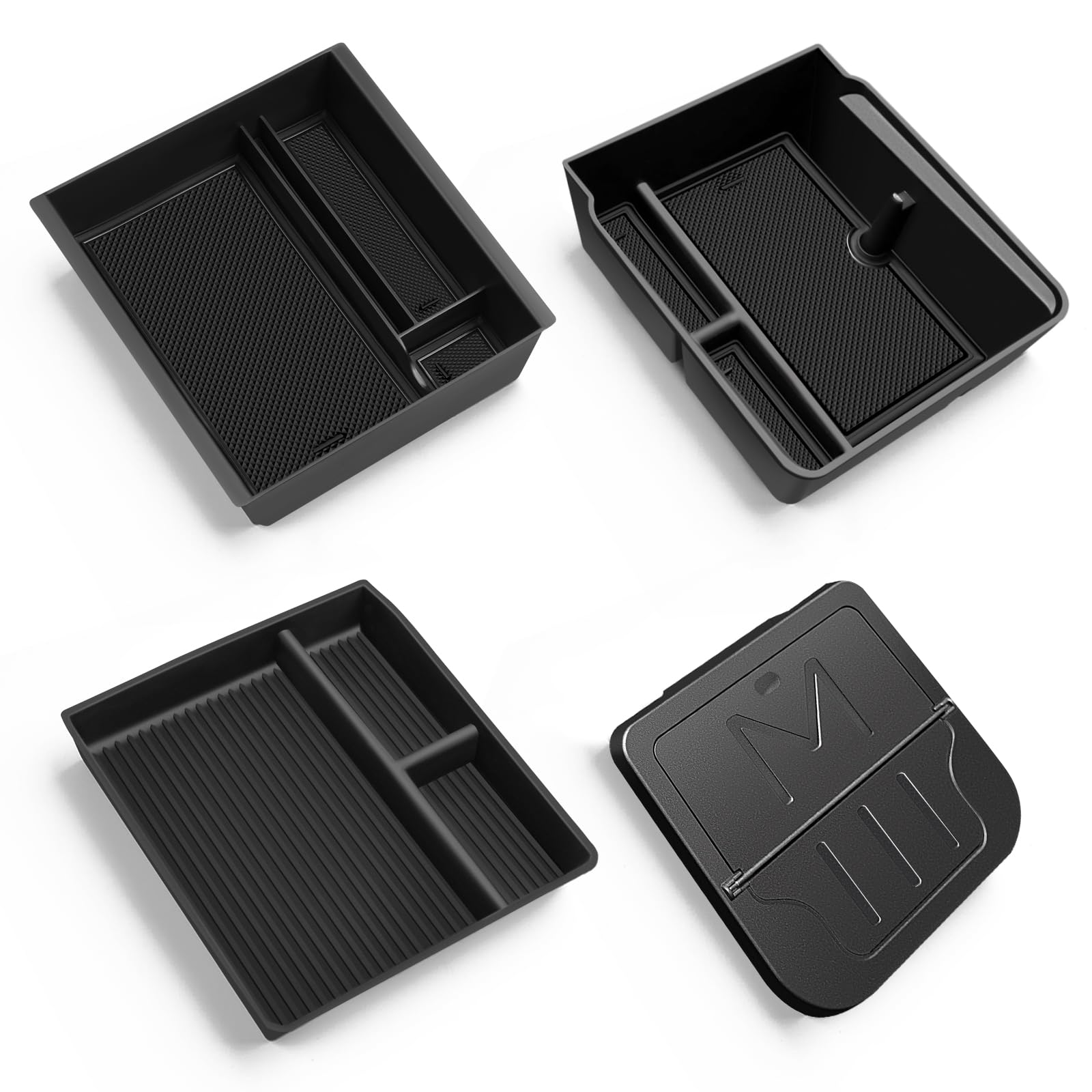 LANTU 4 Pcs Zubehör für Tesla Model 3 2024 Mittelkonsole Organizer, Silikon Organizer Tray, Armlehne Aufbewahrungsbox und Versteckte Box von LANTU