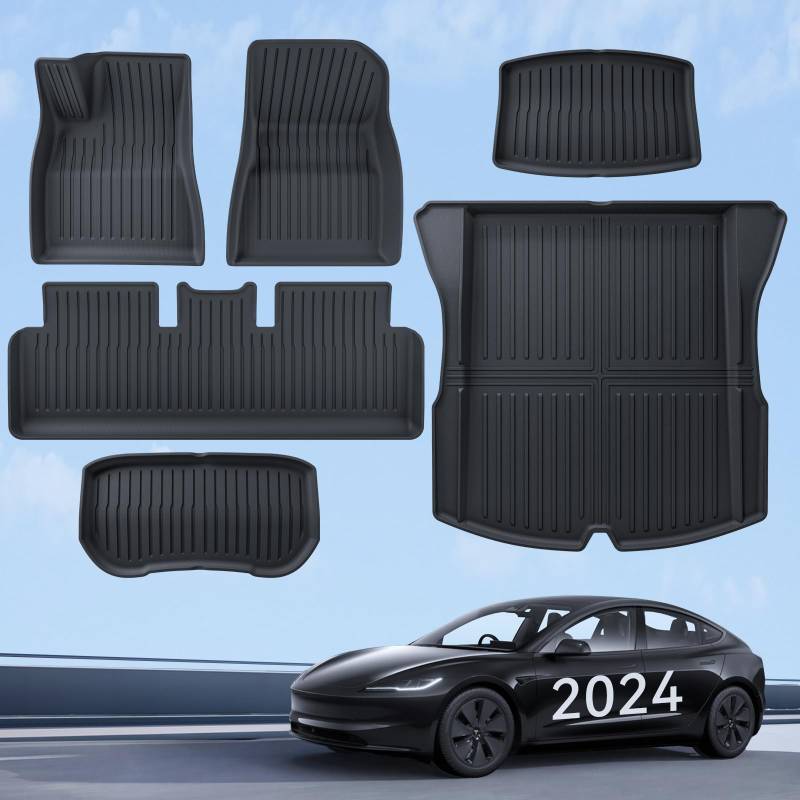 LANTU Fußmatten 6 Pcs für Tesla Model 3 2024 Allwetter 3D Hoher Rand rutschfest Wasserdicht TPE Kofferraummatte 3-lagiges Design für Tesla Model 3 2024 Highland Zubehör von LANTU