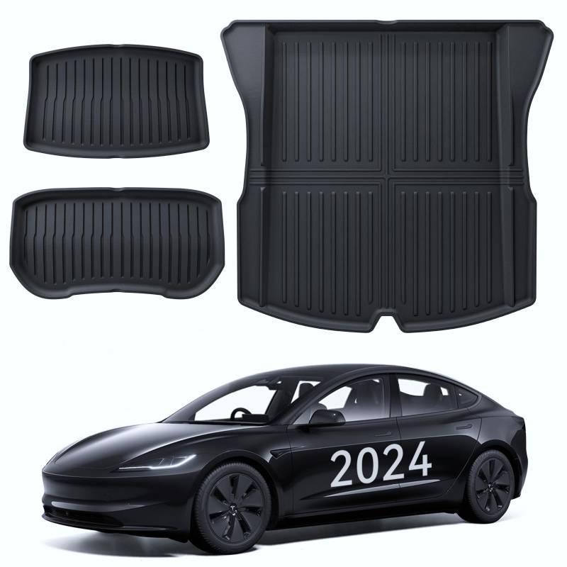 LANTU Kofferraummatte 3 Pcs für Tesla Model 3 2024 Allwetter TPE Schutzmatte, Hinten, Untere und Vordere Kofferraummatte rutschfest & Wasserdicht für Tesla Model 3 2024 Highland Zubehör von LANTU