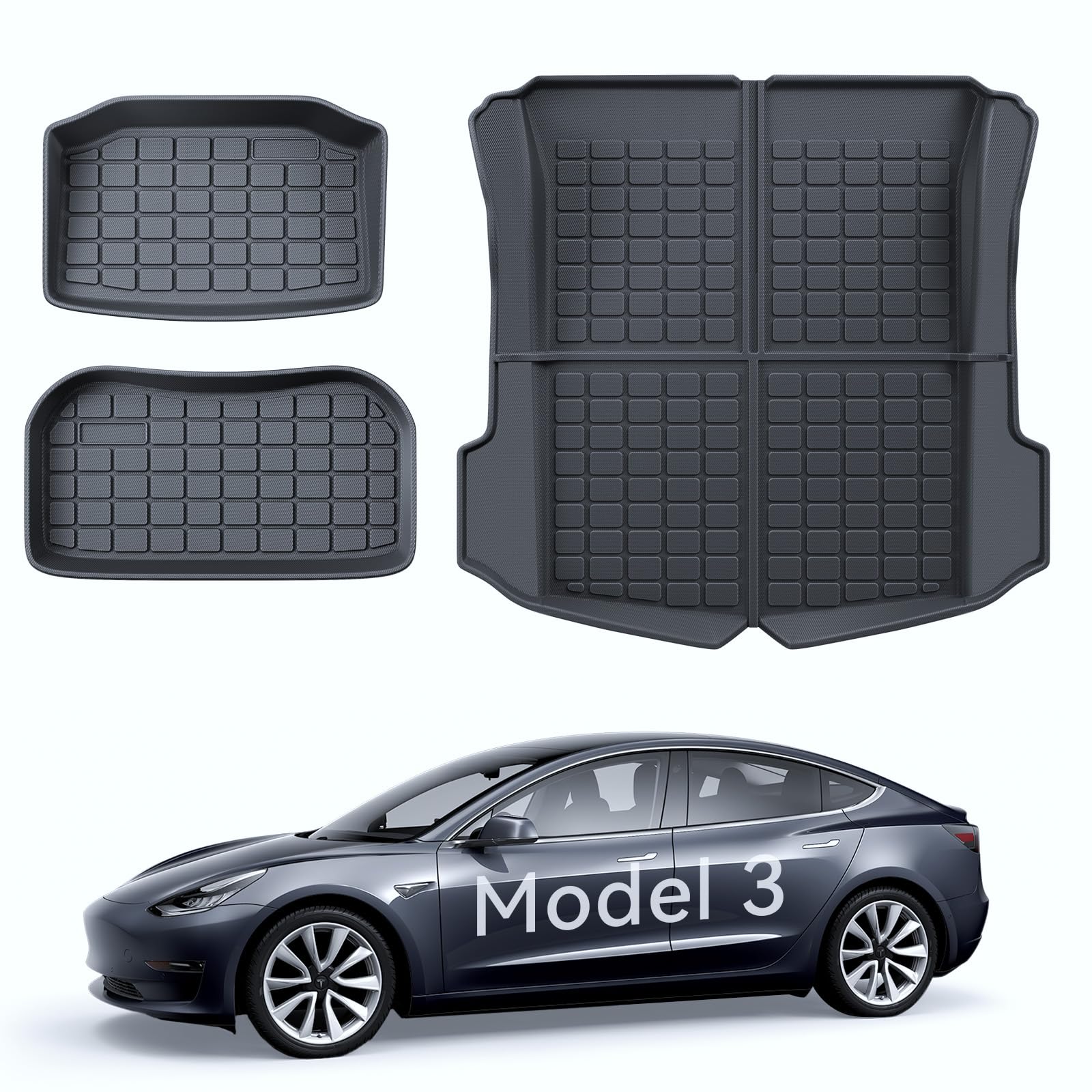 LANTU Kofferraummatte 3 Pcs für Tesla Model 3 Allwetter TPE Schutzmatte, Hinten,Untere und Vordere Kofferraummatte rutschfest & Wasserdicht für Tesla Model 3 2021-2023 Zubehör (Nicht für 2024) von LANTU