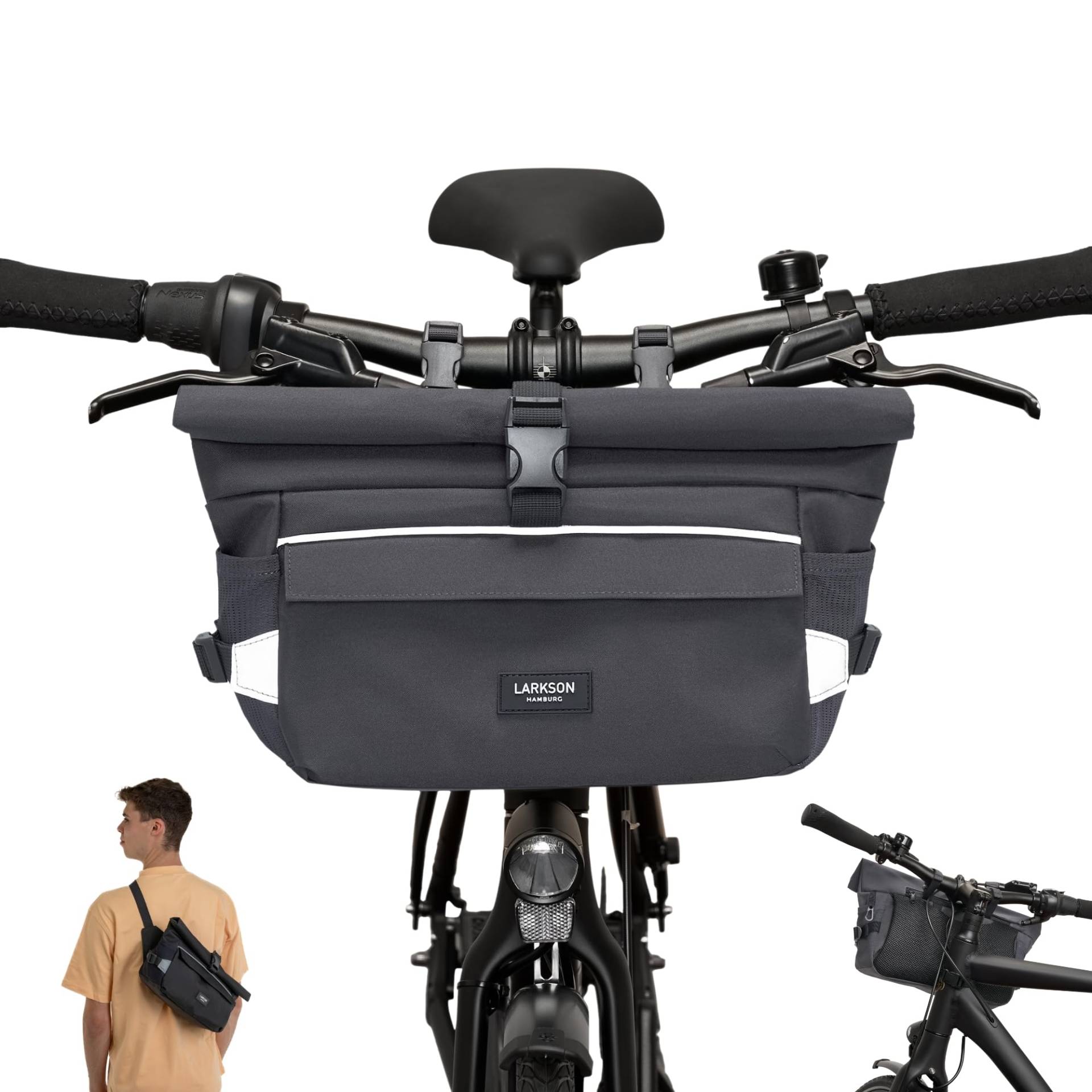 LARKSON Lenkertasche Fahrrad Grau - Lasse - 2 in 1 Fahrradtasche & Umhängetasche - Bikepacking Tasche für Lenker Vorne mit Reflektion - Wasserabweisend von LARKSON