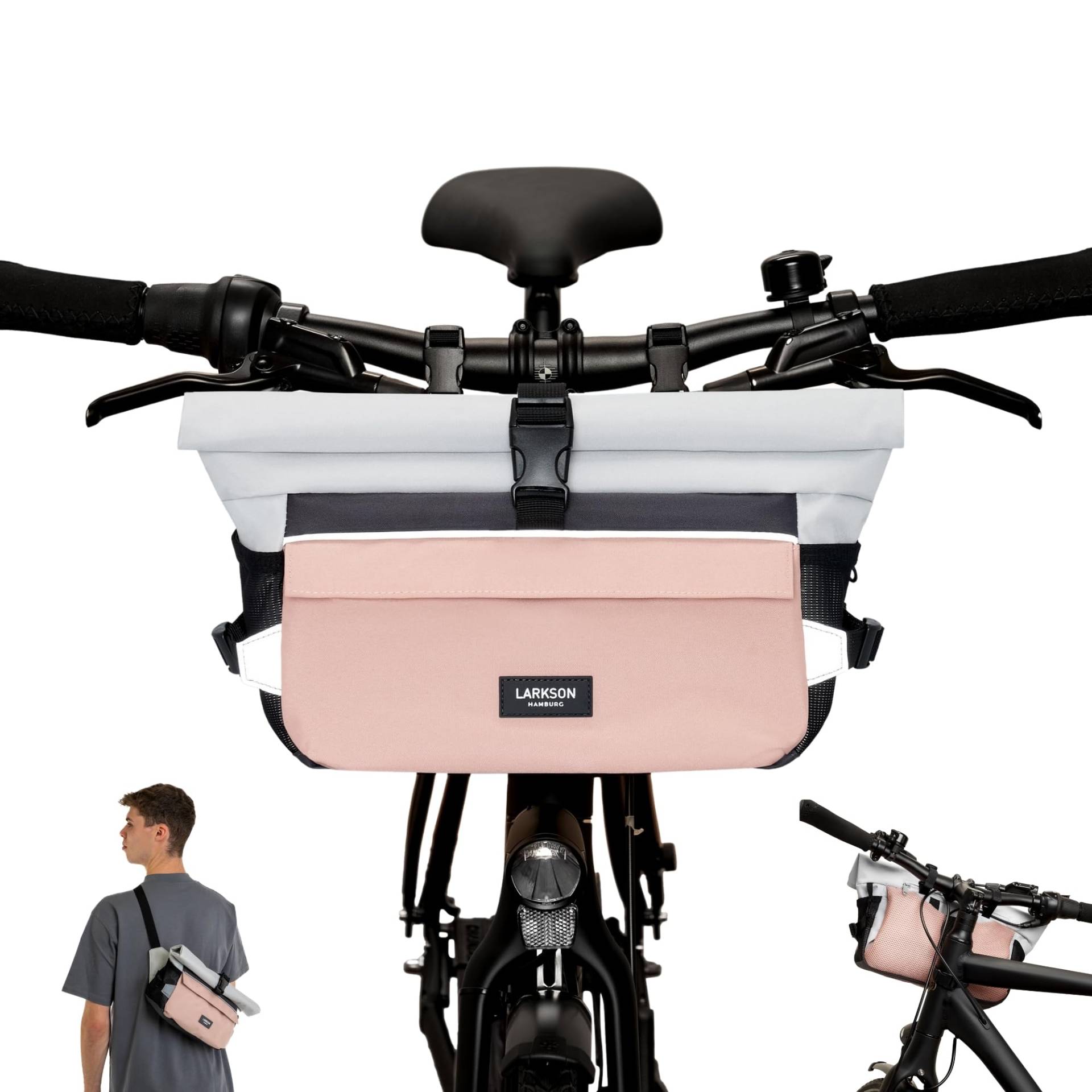 LARKSON Lenkertasche Fahrrad Rosa - Lasse - 2 in 1 Fahrradtasche & Umhängetasche - Bikepacking Tasche für Lenker Vorne mit Reflektion - Wasserabweisend von LARKSON