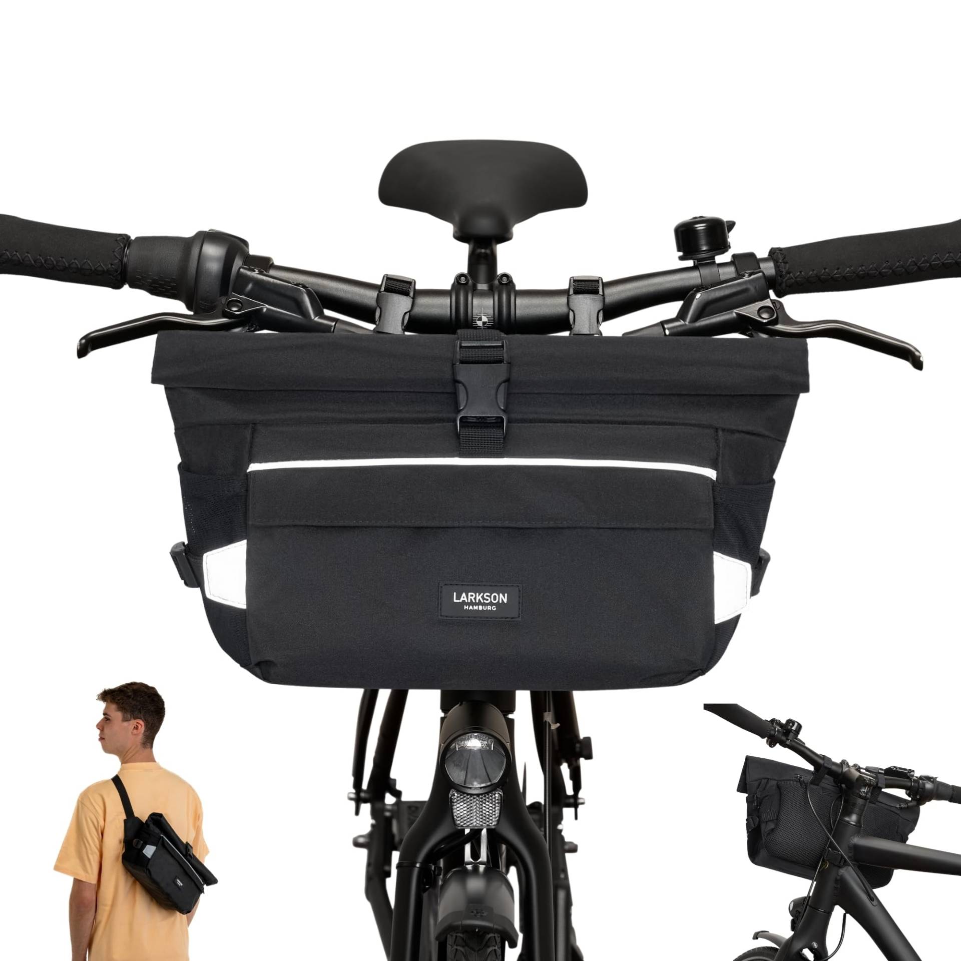 LARKSON Lenkertasche Fahrrad Schwarz - Lasse - 2 in 1 Fahrradtasche & Umhängetasche - Bikepacking Tasche für Lenker Vorne mit Reflektion - Wasserabweisend von LARKSON