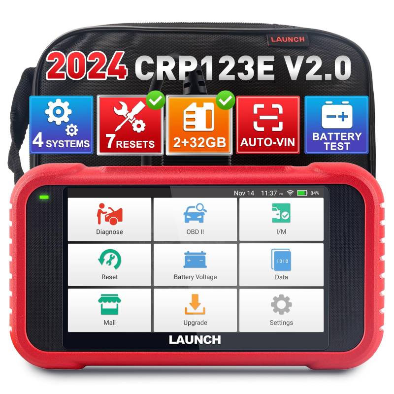 LAUNCH CRP123E V2.0 obd2 Diagnosegerät Auto Auslesegerät EOBD Tester,kfz Tester,4-Systemdiagnosen(Motor SRS at ABS) mit 7 Reset (Öl/SAS/EPB/DPF/BMS-Reset/Abs-Blutung/Drosselklappeneinstellung),FCA von LAUNCH