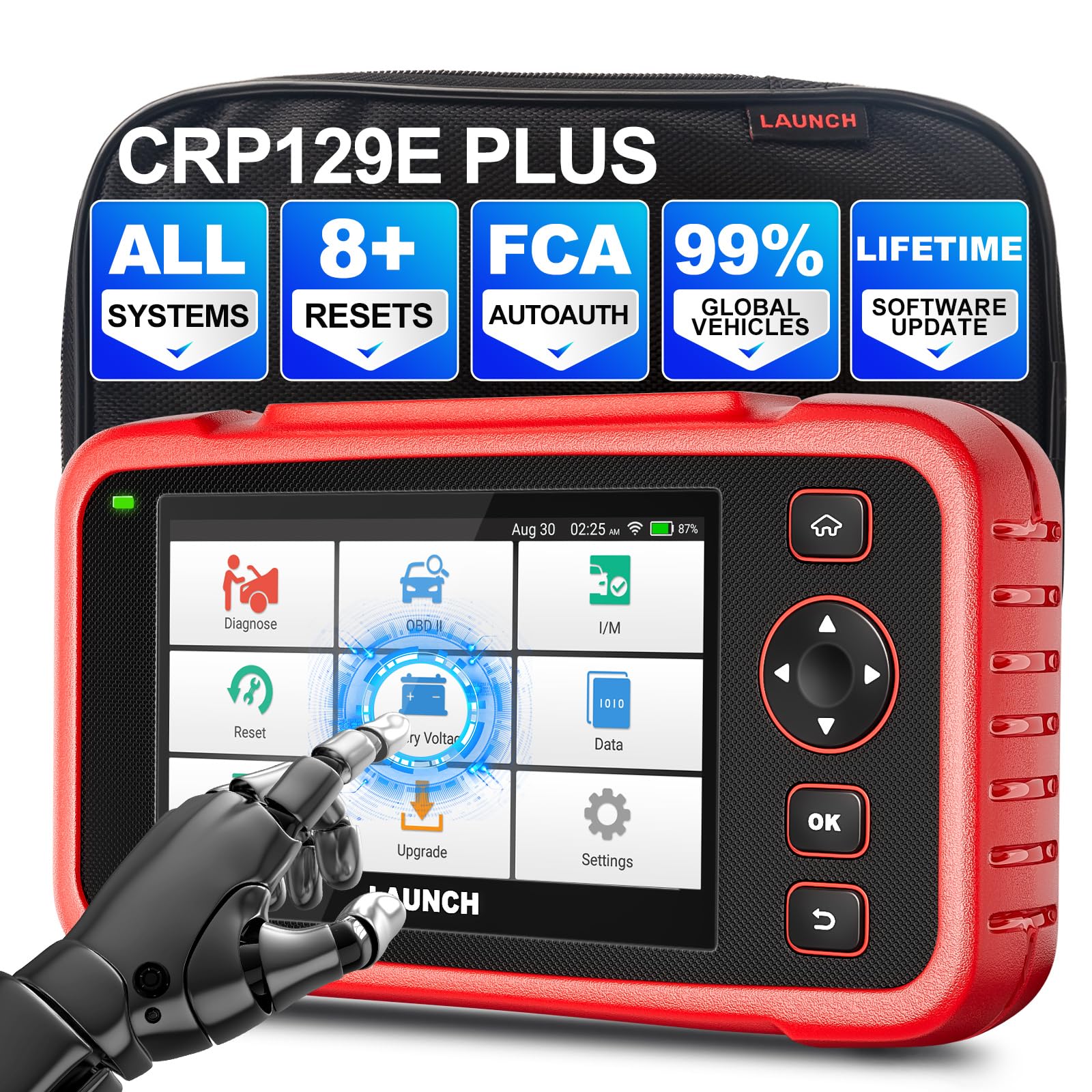 LAUNCH OBD2 Diagnosegerät Auto CRP129e Plus, Auslesegerät mit Alle System, 8 Reset ABS/EPB/DPF/SAS/TPMS Reset/Batterieabgleich/Einspritzdüsen-Codierung/Öl/Drosselklappe, Lebenslanges Software-Update von LAUNCH