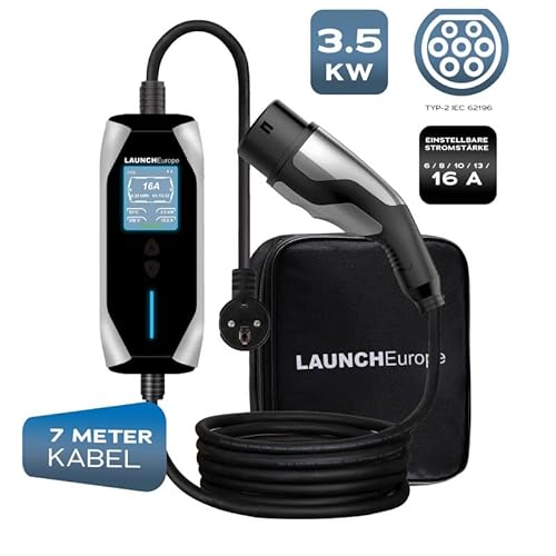 LAUNCH Europe Typ 2 EV Ladegerät, 16A 7M 3.5kW, Tragbares, einstellbares Ladekabel mit LCD-Anzeige und App-Steuerung, IP65 Wasserdicht, Typ B Schutz, mit Wandhalterung und Tragetasche von LAUNCH