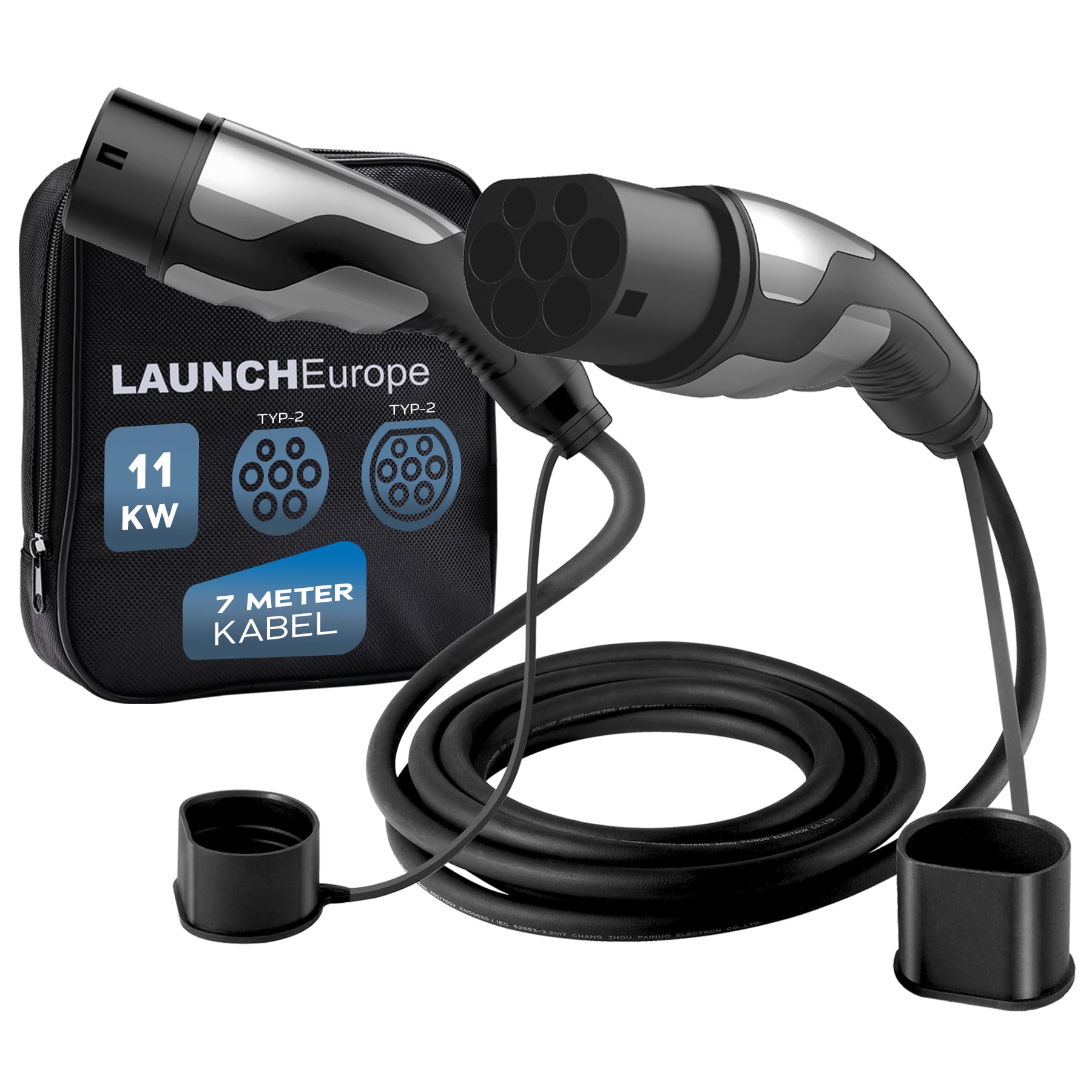 LAUNCH Typ 2 Ladekabel 11KW 7M 16A 3-Phase EV Ladekabel für Elektroauto Typ 2 auf Typ 2, TÜV CE RoHS Zertifiziert, IP55 Wasser- und staubdicht, mit 11KW Wallbox geeignet inkl. Tragetasche von LAUNCH