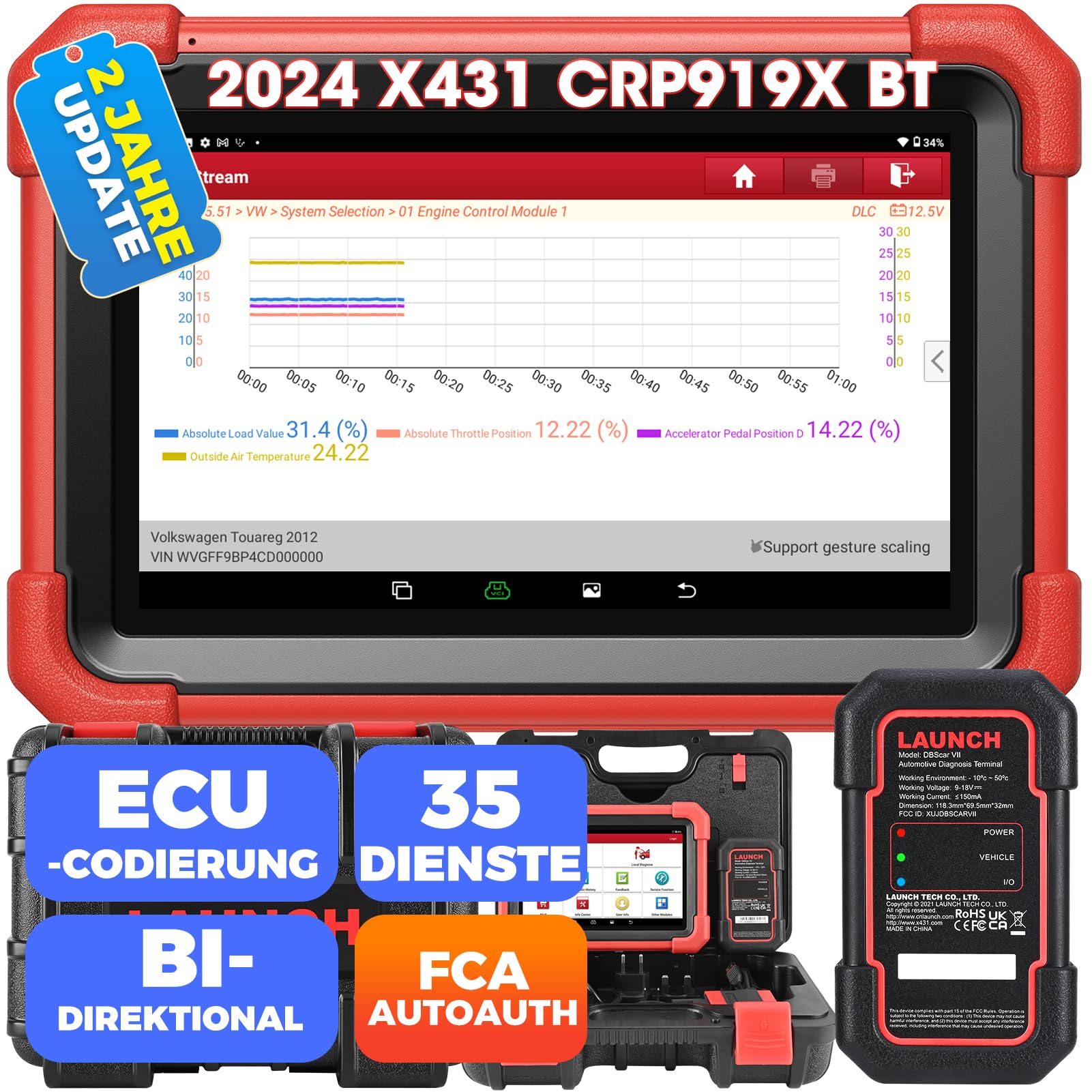 LAUNCH X431 CRP919XBT Elite OBD2-Diagnosegerät, 2024 Drahtlos bidirektionale Scan-Tool, ECU-Codierung, 37+ Dienst, alle System-Diagnosescanner, FCA AutoAuth, V.A.G Guided, CANFD DoIP, 2 Jahre Update von LAUNCH