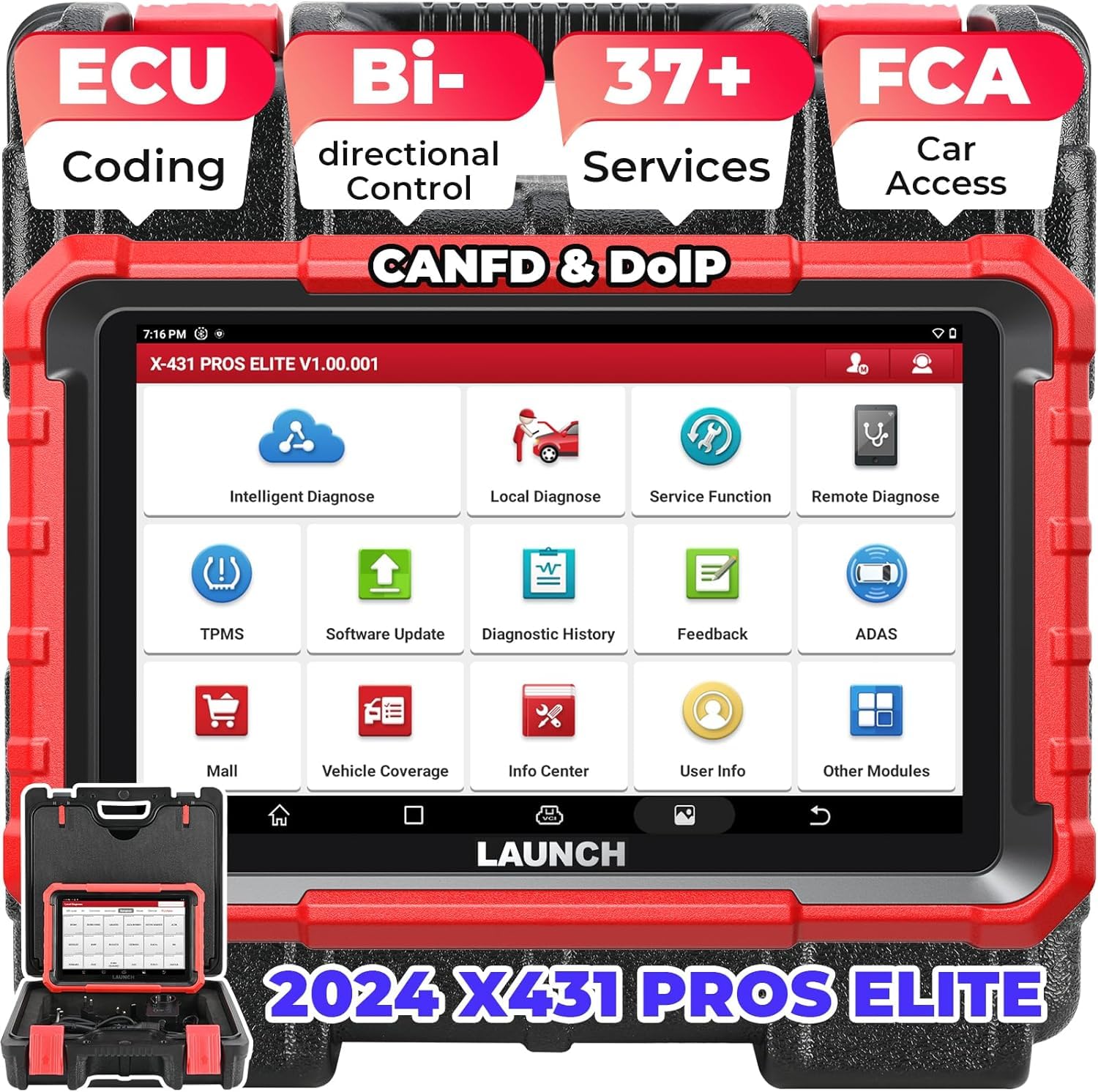 LAUNCH X431 PROS Elite OBD2 Diagnosegerät, bi-direktionales Auto Scan-Tool mit ECU-Codierung, FCA SGW Autos, CANFD & DoIP, 37+ Zurücksetzen, All-System-Diagnose, Aktive Tests von LAUNCH