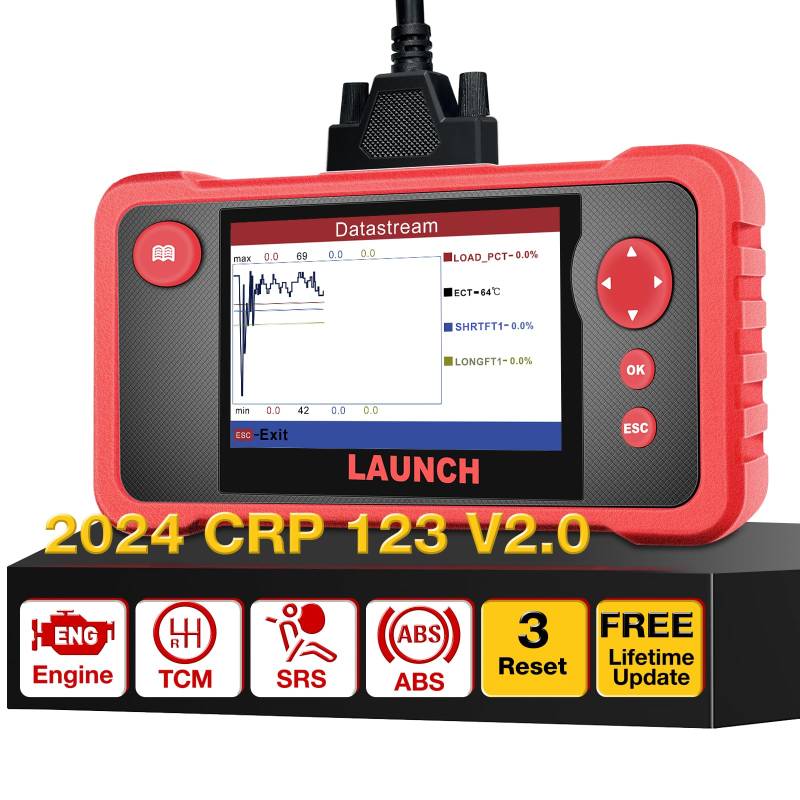 LAUNCH obd2 Diagnosegerät CRP123 V2.0 Fehlercode-Scanner,professioneller Kfz-Codeleser 4-Systemdiagnosen(Motor SRS at ABS) mit 3 Reset (Zurücksetzen des Lenkwinkels,Drosselklappenanpassung,Öl-Reset) von LAUNCH