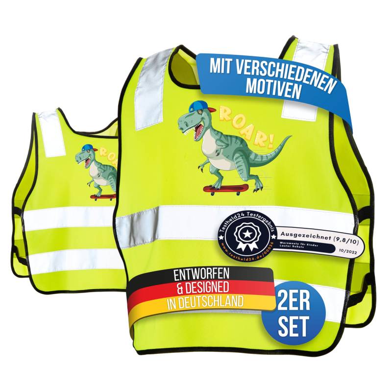 LAUTER SCHUTZ ® Warnweste Kinder (3-12 Jahre) Sicherheitsweste [2 Stück] für bessere Sichtbarkeit bei Tag und Nacht für Sport, Laufen, Fahrrad, Weg zur Schule & Auto (Reflektorweste - Dino) von LAUTER SCHUTZ