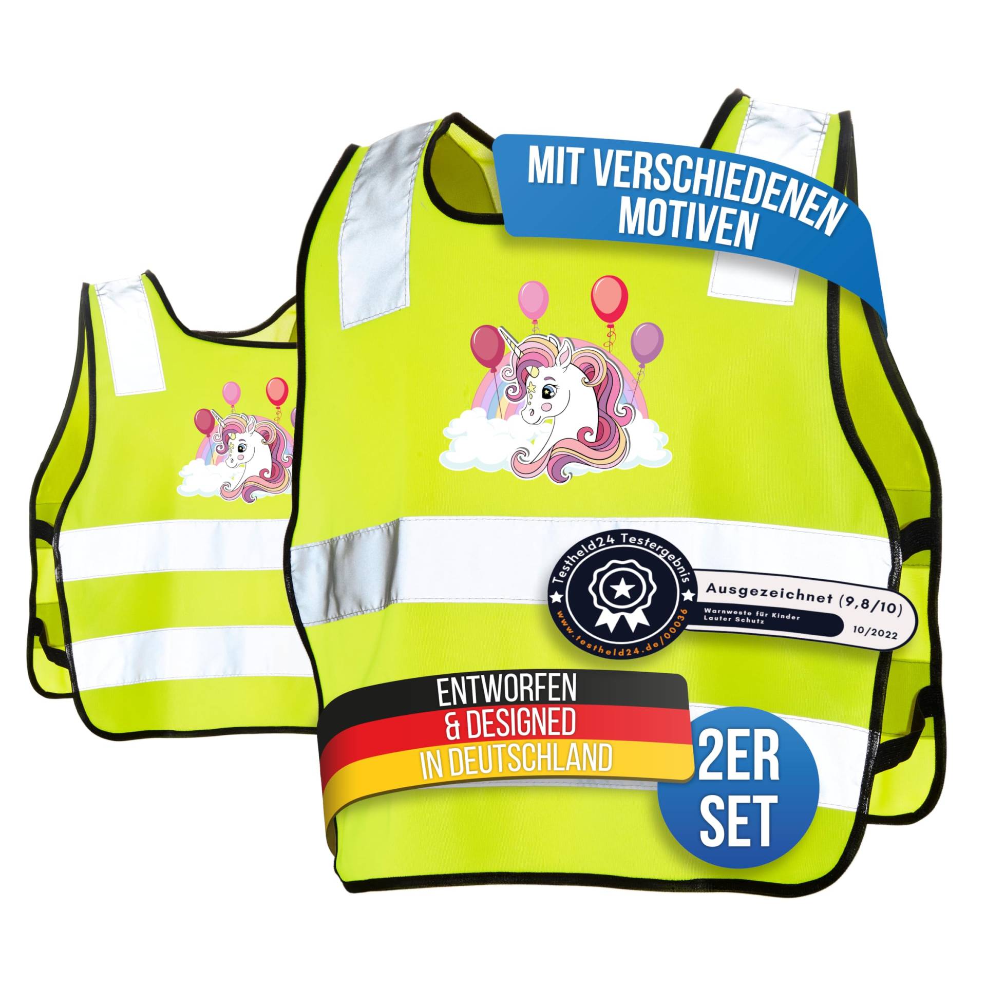 LAUTER SCHUTZ ® Warnweste Kinder (3-12 Jahre) Sicherheitsweste [2 Stück] für bessere Sichtbarkeit bei Tag und Nacht für Sport, Laufen, Fahrrad, Weg zur Schule & Auto (Reflektorweste - Einhorn) von LAUTER SCHUTZ