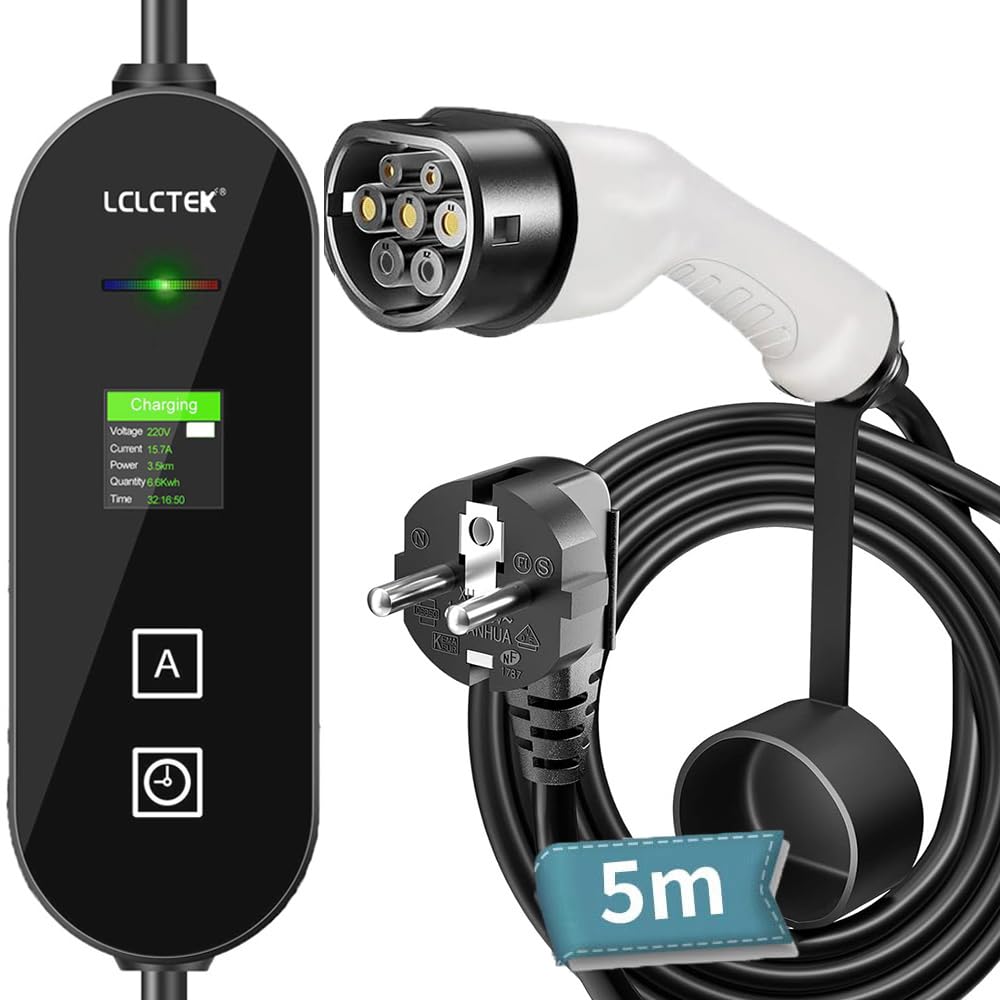 LCLCTEK® Typ 2 Ladekabel Schuko Stecker 3.68kW [5m, 8A-16A],Elektroauto EV Charger mit LED-Digitalanzeige,Mobile wallbox ladekabel Auto typ 2 schuko tecker,EV Ladegerät für Elektroautos PHEV/EV (Weiß) von LCLCTEK