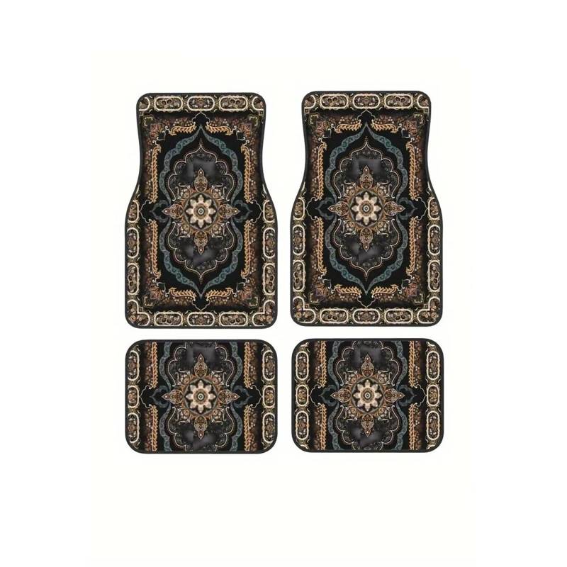 Autofußmatten-Set 4 Stück Auto-Fußmatten Bohemian-Muster Europäische ethnische Auto Gummi Teppich Universal Innenausstattung Antirutschmatte Auto(Brown 4 Pieces) von LCQSYE