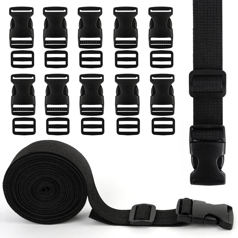 LDERFIV 5M Gurtband 25mm Schwarz Nylon Gurtband, Strapazierfähiges Gurtband und Side Release Schnallen Clips mit Schnallen 10 Stück, Schwarz Polypropylen Gurte Tasche Gurtband Gepäck Befestigung Gurt von LDERFIV