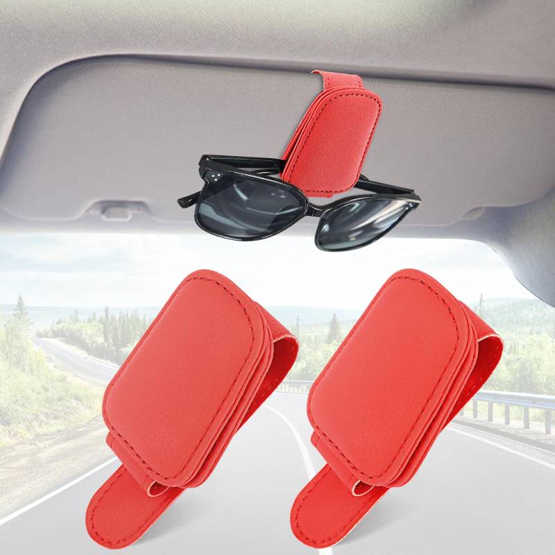 LDERFIV 2 Stück Brillenhalter für Auto, Magnetischer Sonnenbrillenhalter Auto, Universal Auto Visier Brillenhalter, Sonnenbrillen Halterung Ticket Clip (red) von LDERFIV