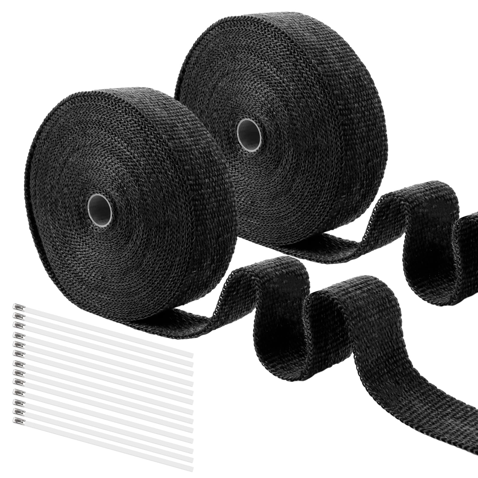 2 Stück 15m x 50mm Hitzeschutzband, Hitzeschutzband Auspuff mit 20 Edelstahl Kabelbinder, Auspuffband Hitzeschutzband Auspuff für Motorrad Fächerkrümmer Thermoband Krümmerband(Schwarz) von LDHHYH