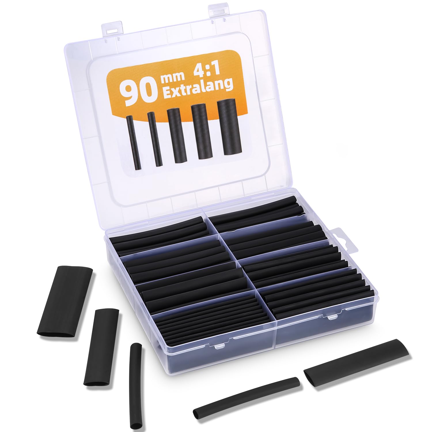 LEAZZLE 100 Stück Schrumpfschlauch Set, 90mm Extra Lange, 4:1 Schrumpfschläuche mit Kleber, Doppelwand Heat Shrink Tube Wasserdicht für Elektrische Isolierung und Kabelverbinder(5 Größen, Schwarz) von LEAZZLE