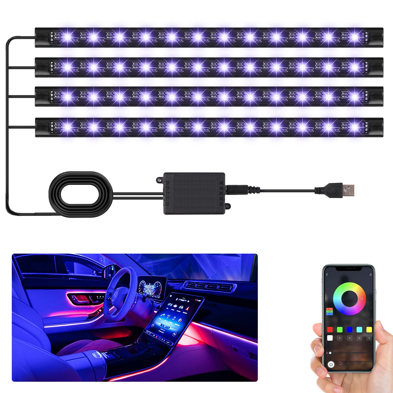 LEAZZLE Auto LED Innenbeleuchtung, 4 Stück 48 Strip LED Auto Zubehör Innenraumbeleuchtung, Ambientebeleuchtung Auto für Männer Frauen, Geschenke Car Accessories für Man Women, Auto Gadgets Innenraum von LEAZZLE