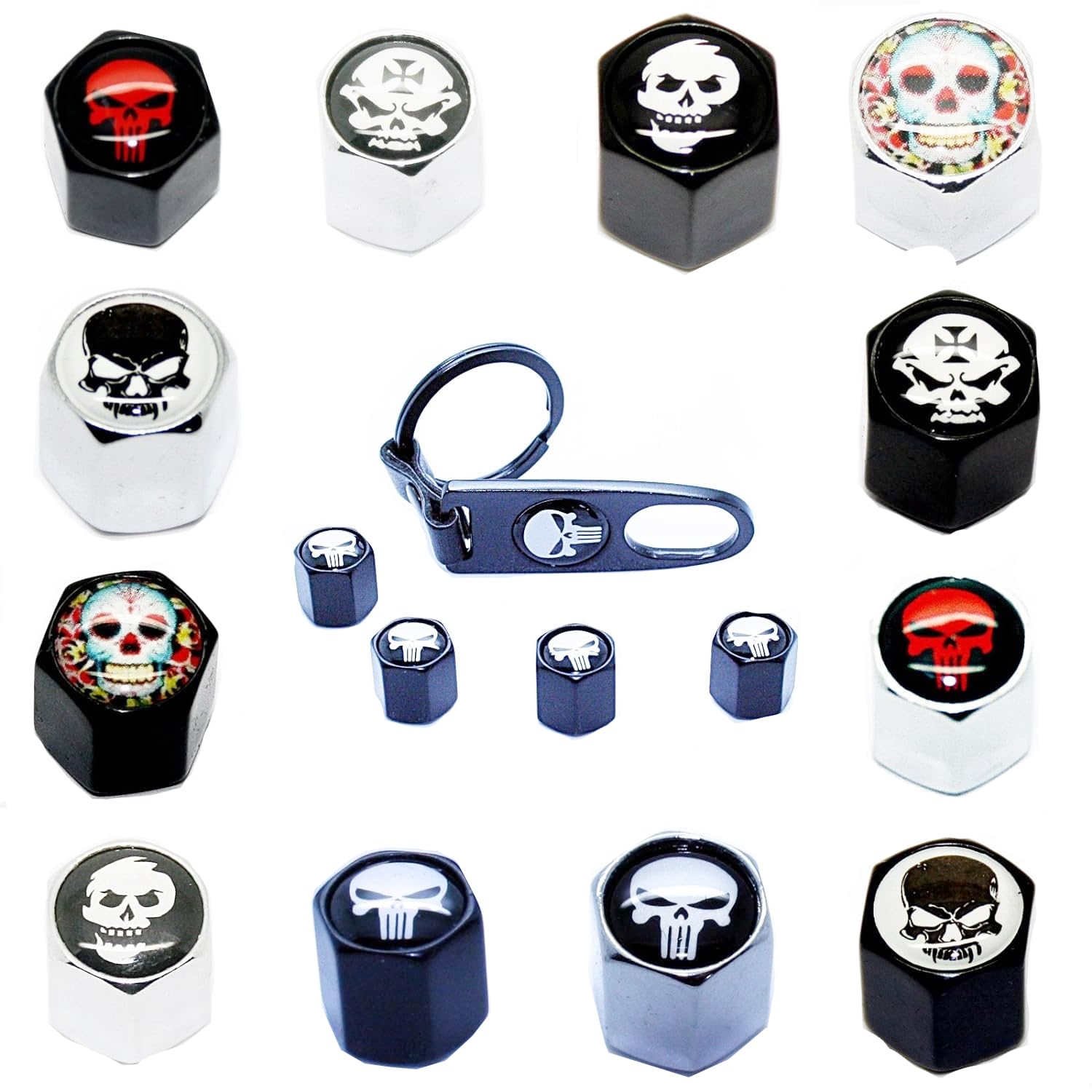 4 Ventilkappen + Schlüsselanhänger - Totenkopf Black Chrom - Ventil Anhänger Schlüsselring Etui Schlüssel (Totenkopf Black Red Skull) von LED-Mafia