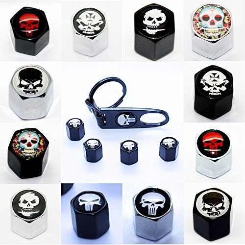 4 Ventilkappen + Schlüsselanhänger - Totenkopf Black Punisher Chrom - Ventil Anhänger Schlüsselring Etui Schlüssel Totenkopf Chrom von LED-Mafia