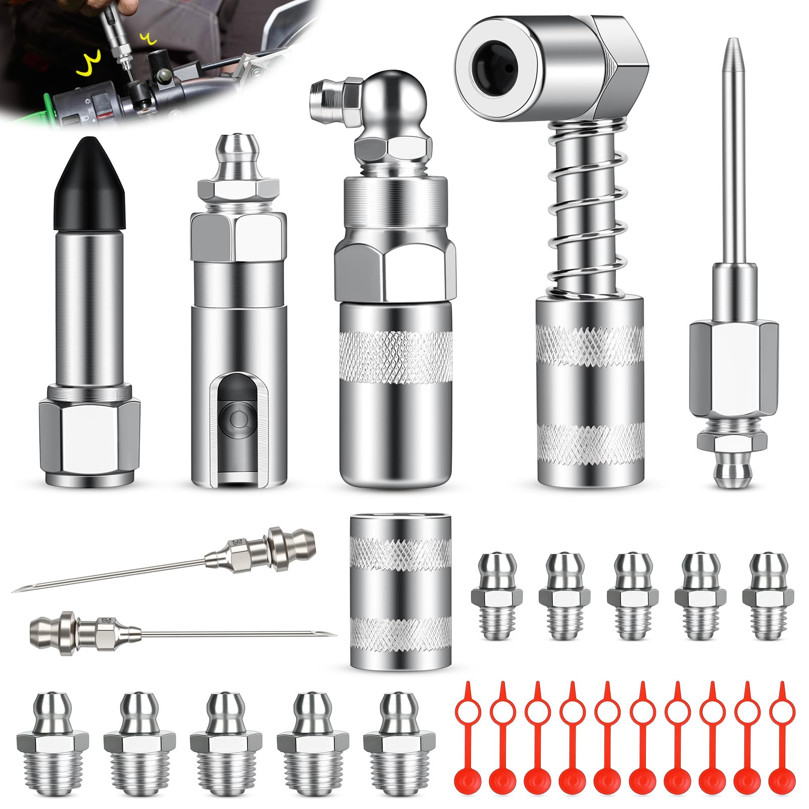 LEFUYAN 28 Stück Fettpresse Adapter Set, fettpresse für schmiernippel fettpresse mundstück für alle Arten, für Schmiernippel Aufsatz Schmierpresse Anschluss Nippel 7 Typen von LEFUYAN