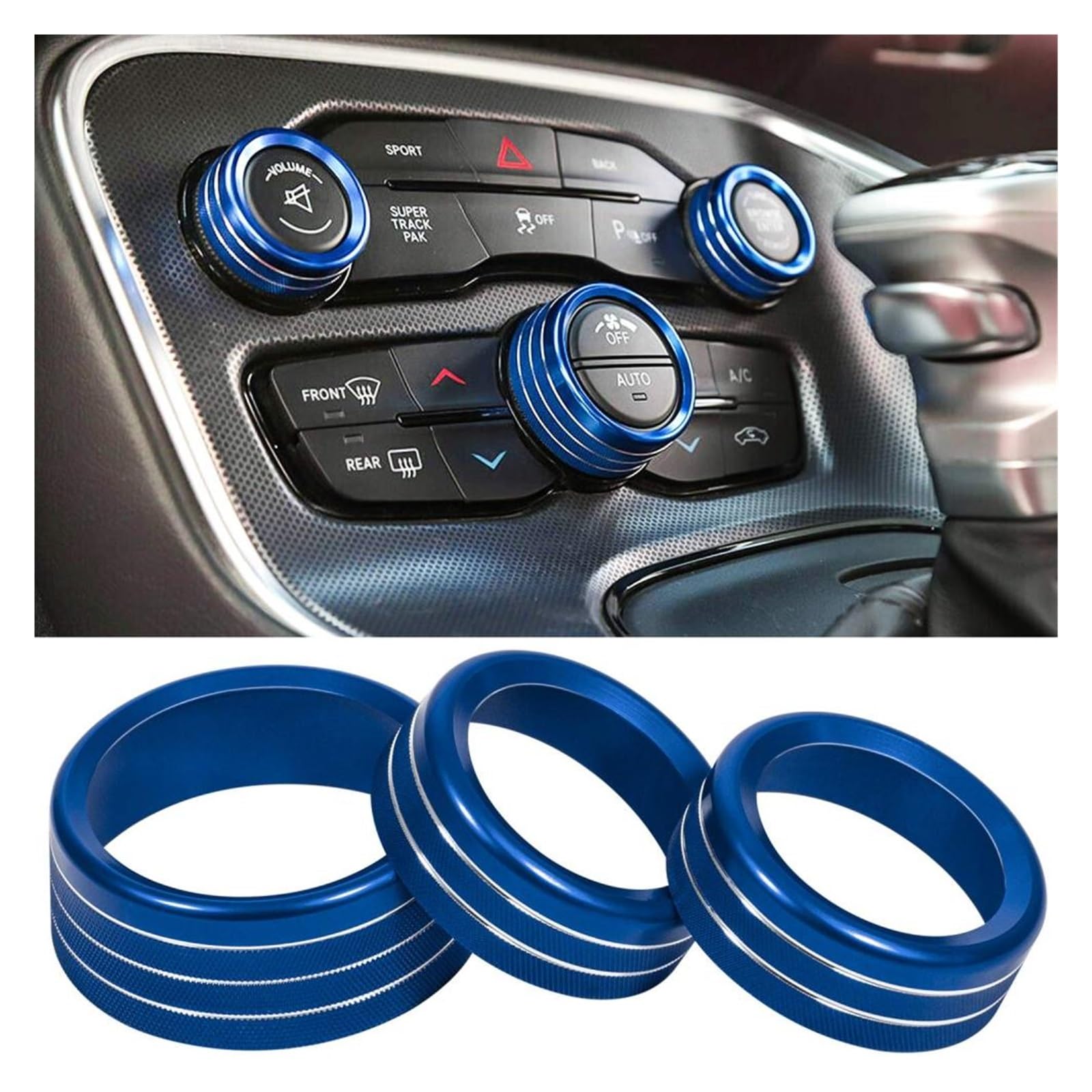 Auto Innenraum Zubehör Für Challenger 2015–2020, Auto-Innendekor-Zierringe-Set Klimaanlage Audio-Knopf Dekorativer Ring Aus Aluminiumlegierung Auto Innen Zubehör(Blue) von LEIFEIS