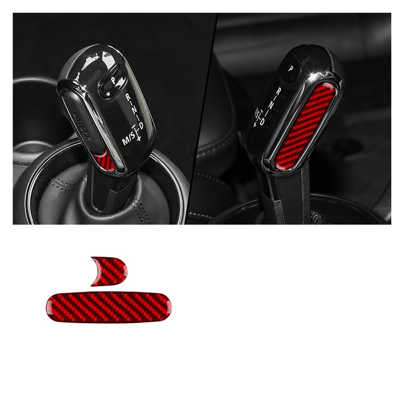 Auto Innenraum Zubehör Für Mini Für Cooper F55 F56 F60 F54 Auto Schalthebel Kopf Aufkleber Innenverkleidung Modifikation Dekorative Getriebe Seitenabdeckung 2 STÜCK Auto Innen Zubehör(Red carbon) von LEIFEIS