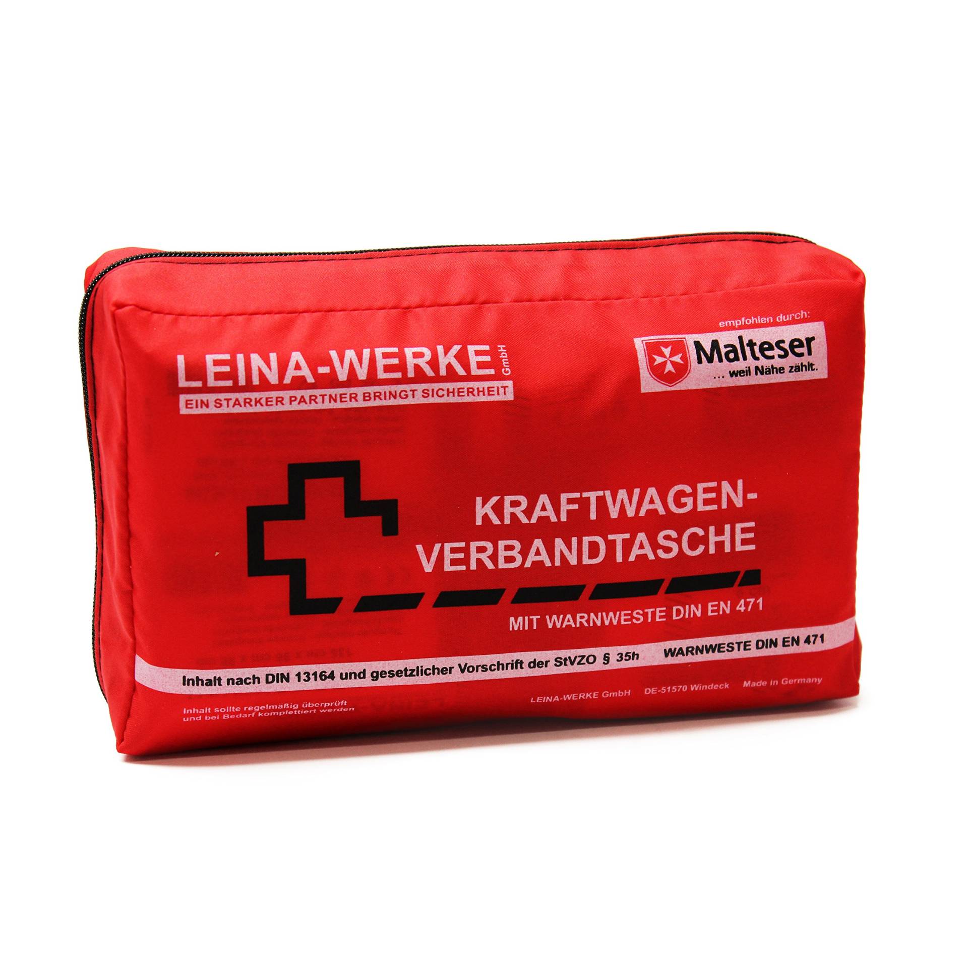 Leina-Werke 11024 KFZ-Verbandtasche Compact mit Warnweste ohne Klett, Rot/Schwarz/Weiß von LEINA-WERKE