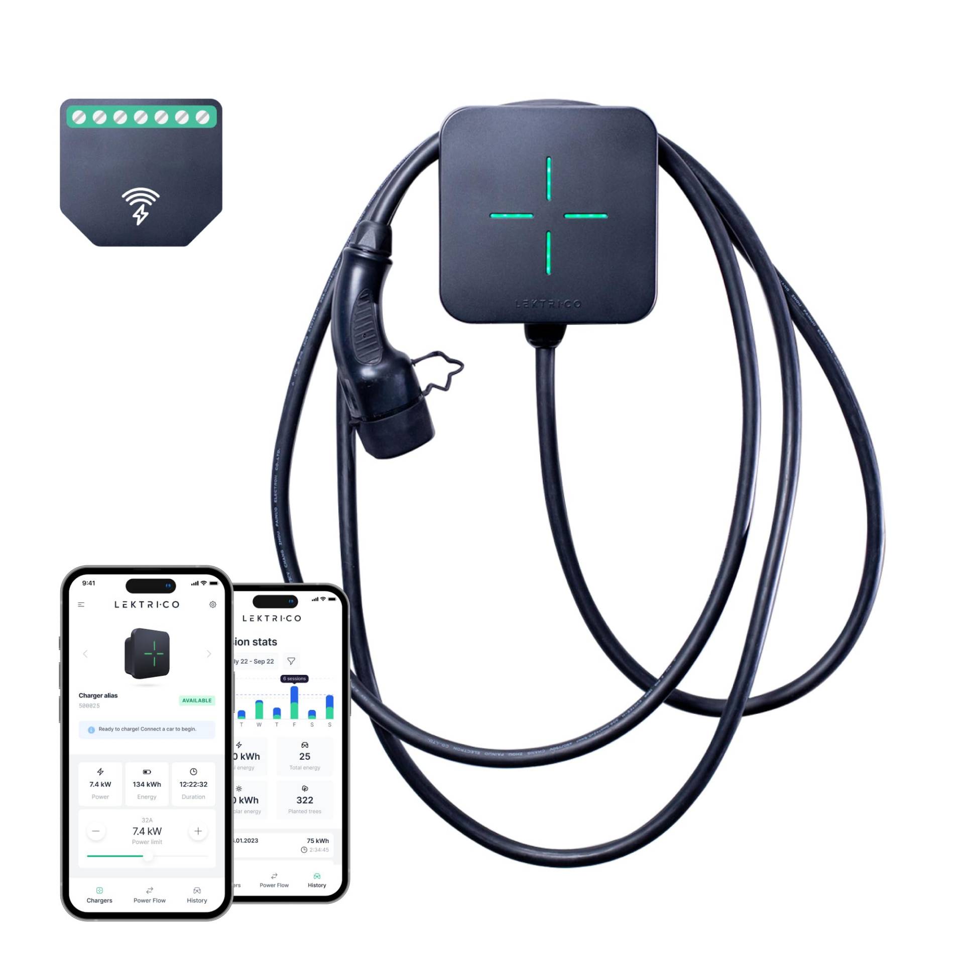 LEKTRI.CO - 1P7K Elektroauto-Ladegerät – Hybrid 7,4 kW Elektrofahrzeug-Ladestation, Photovoltaik-kompatibel, einphasig 230V, Stromstärke 6A – 32A - 5m Elektro-Ladekabel - WLAN-Verbindung mit Mobil-App von LEKTRI CO