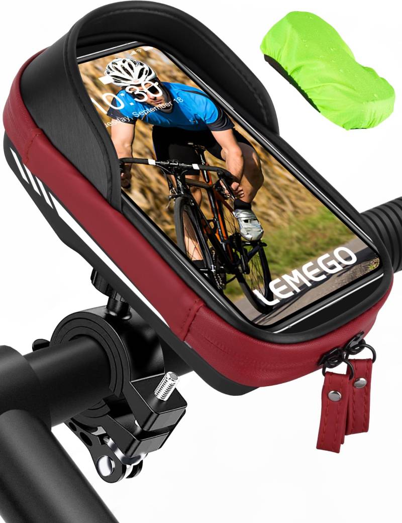 LEMEGO Fahrrad Handyhalterung Wasserdicht Lenkertasche 360°Drehbarem Motorrad Handyhalter für 4.7-7 Zoll Smartphone Halterung mit Regenhaube Handy Fahrradtasche Lenker Tasche (Rot) von LEMEGO