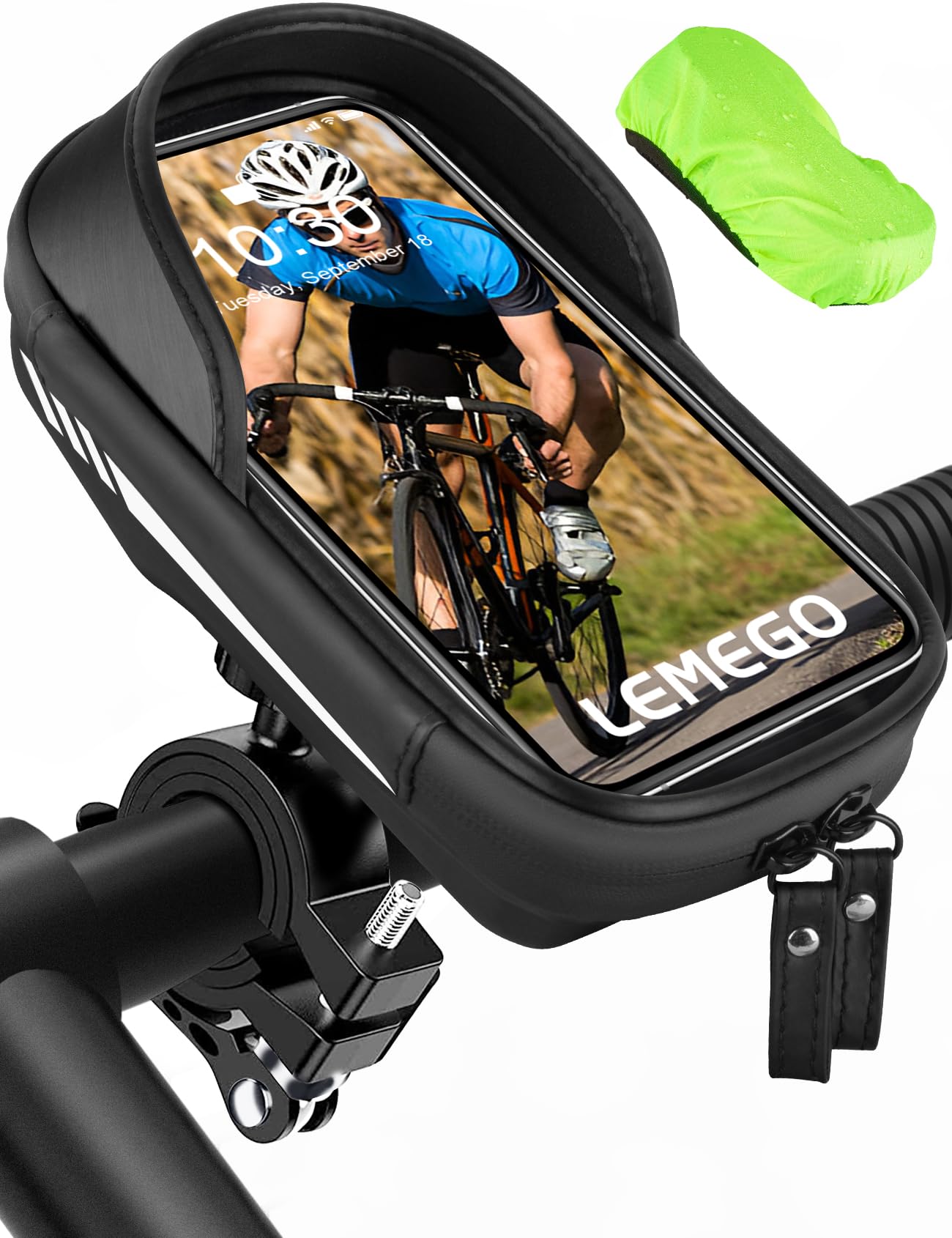 LEMEGO Fahrrad Handyhalterung Wasserdicht Lenkertasche 360°Drehbarem Motorrad Handyhalter für 4.7-7 Zoll Smartphone Halterung mit Regenhaube Handy Fahrradtasche Lenker Tasche (Schwarz) von LEMEGO