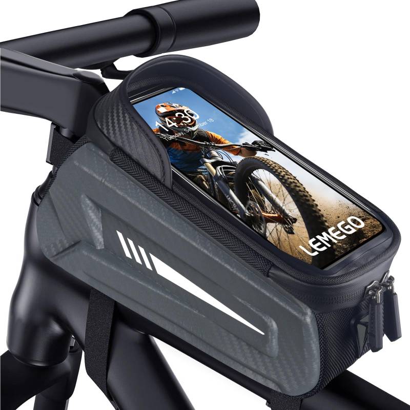 LEMEGO Fahrrad Rahmentasche Wasserdicht Lenkertasche für Smartphones bis zu 7 Zoll Handyhalterung Handytasche Oberrohrtasche mit TPU Sensitivem Touchscreen für Montainbikes, Rennrad, Ebikes (Grau) von LEMEGO