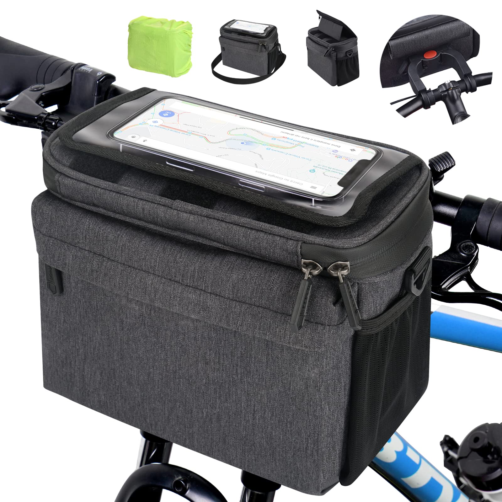 LEMEGO Fahrradtasche Lenker mit Adapter für E-Bikes und Fahrrad, 5,3 L Lenker Fahrradkorb vorne wasserdicht Lenkertasche Fahrrad Handyhalterung mit Einstellbar Touchscreen und abnehmbar Schultergurt von LEMEGO